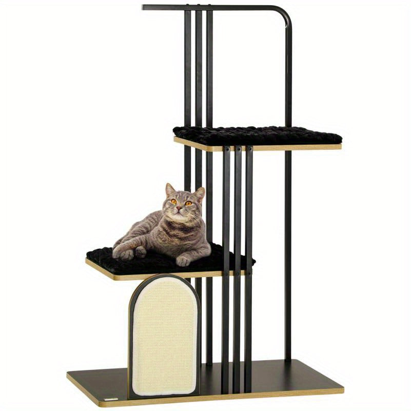 Krabpaal – Kattenboom – Kattenmeubel – Krabmeubel – Kattenhuis – Zwart Staal – 128 cm Hoog – Pluche Kussen – Dubbele Platformen – Inclusief Hangend Speeltje