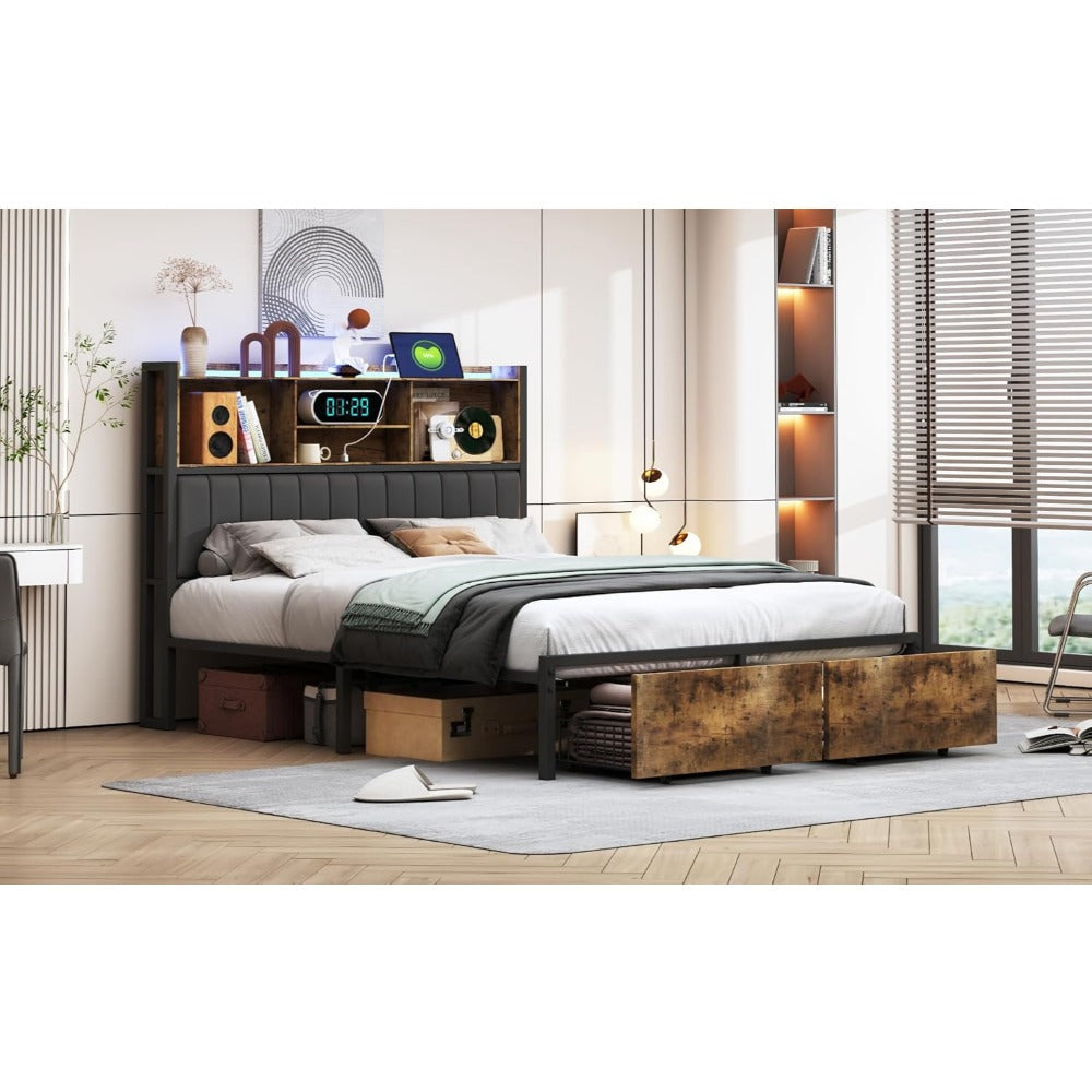 Opbergbed – Tweepersoonsbed – Bedframe – Slaapbank – Boxspring – 180x200 cm – LED Verlichting Hoofdeinde – USB Laadpoort