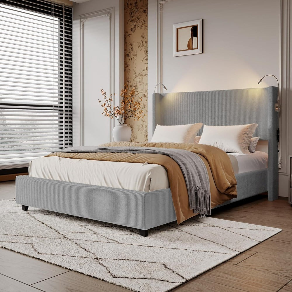 Gestoffeerd Bed – Hydraulisch Bed – Opbergruimte Bed – Tweepersoonsbed – Bedframe Met Lattenbodem – 140x200 cm – Met Leeslamp En USB Oplader – Grijs