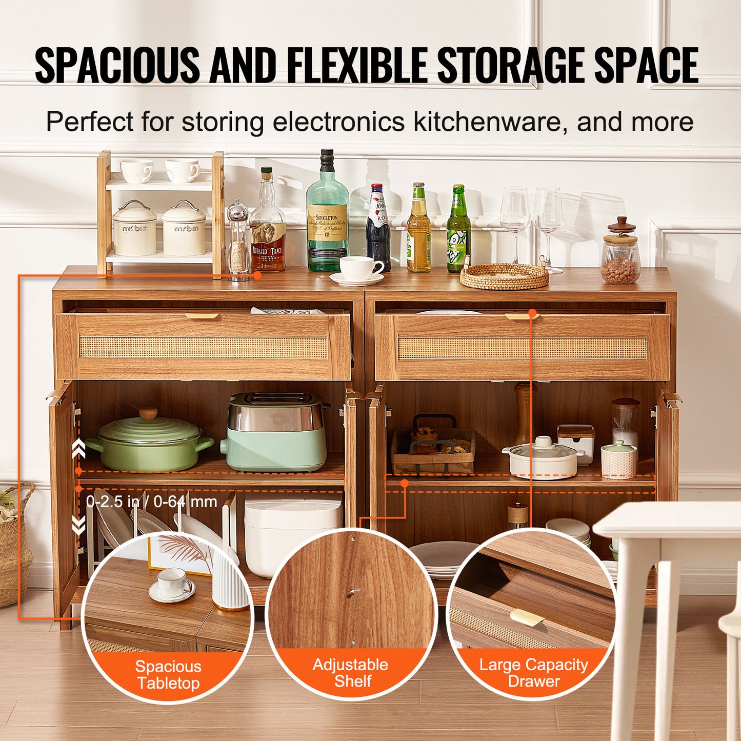 Rattan Opbergkast – Opbergmeubel – Dressoir – Kast – Buffetkast – 63 Inch – Handgevlochten Natuurlijk Rattan – Verstelbare Planken & Anti-Kantelset