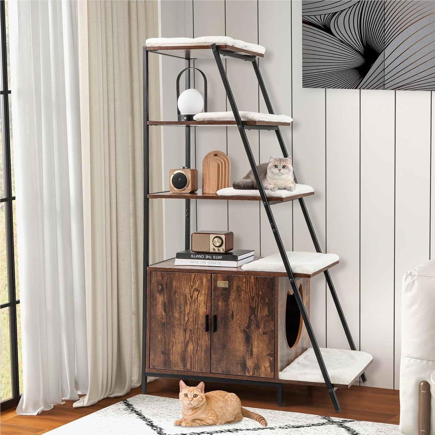 Kattenhuis – Kattenmeubel – Kattenkast – Kattenbakkast – Krabmeubel – Met Opbergruimte en Afneembare Wasbare Matten – Ventilatie en Anti-Kantel Veiligheid – Bruin