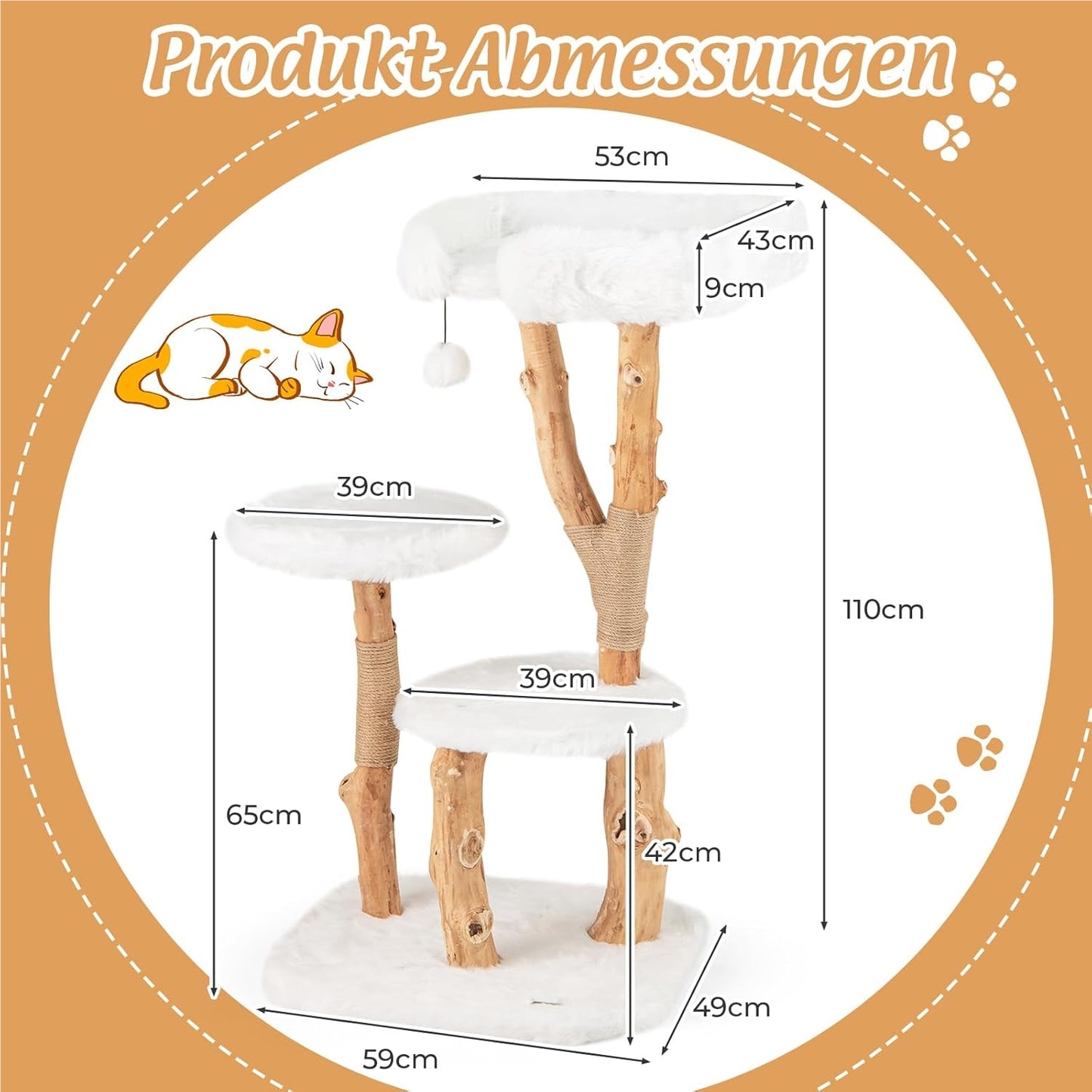 Krabpaal – Kattenboom – Kattenmeubel – Kattenhuis – Kattentoren – Houten Krabpaal – 4 Niveaus Met 2 Ronde Platforms – Stevig Perenhouten Frame