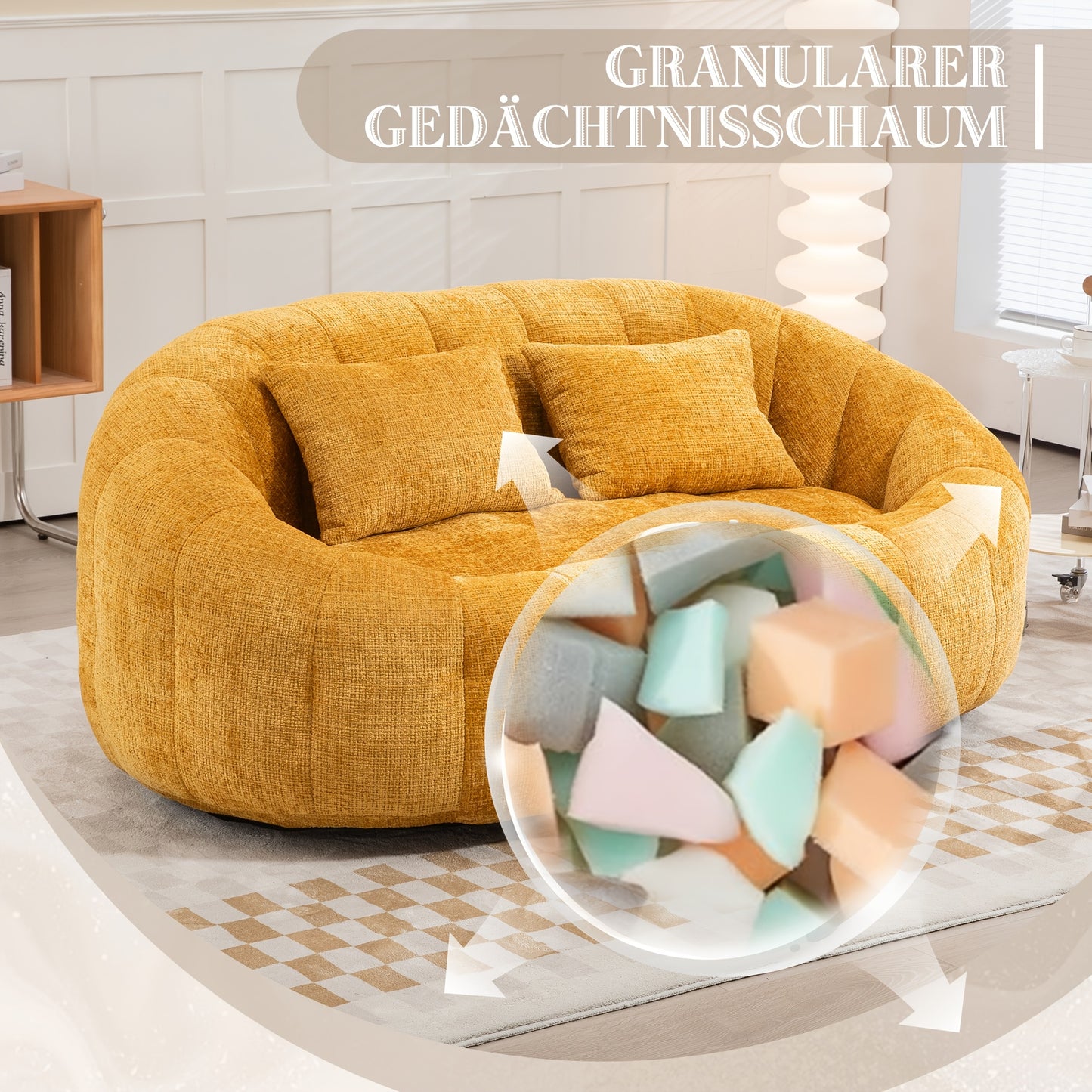 Zitzak – Zitzakstoel – Loungestoel – Fauteuil – Beanbag – Hoogwaardige Chenille Bekleding – Comfortabele Hoge Rugleuning – Mosterdgeel – Binnen & Buiten – Eenvoudige Montage