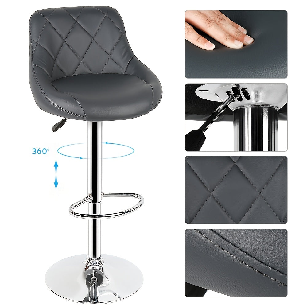 Barstoel – Barkruk – Barstoel Keuken – Barstoel Met Rugleuning – Barkruk Set Van 2 – Verstelbare Zithoogte – 360° Draaibaar – PU Leder – Met Voetsteun – Grijs – 46x32x85-105 cm