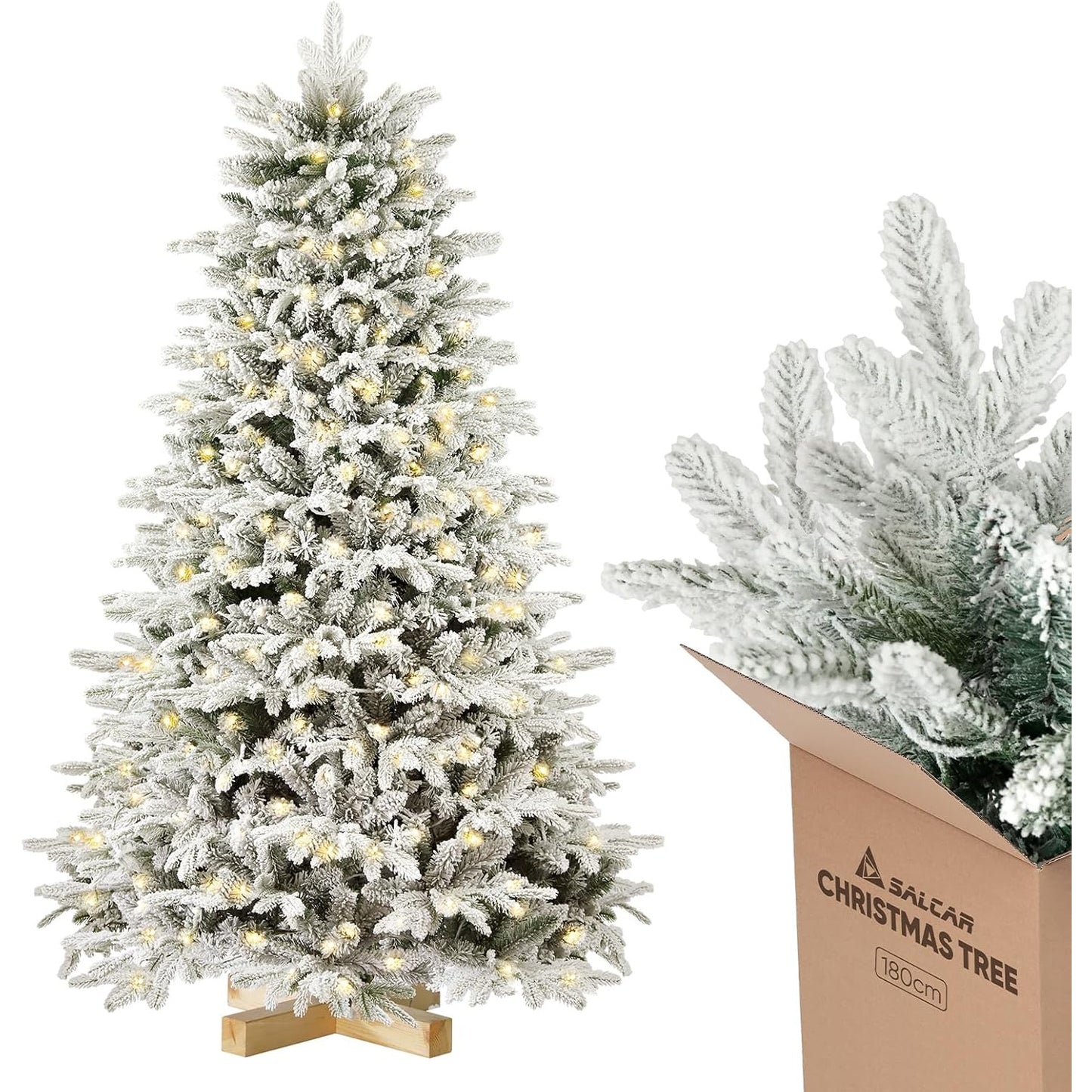 SALCAR Artificial Christmas Tree With, Snow Artificial Fir Tree, Gloves, Wooden Stand
