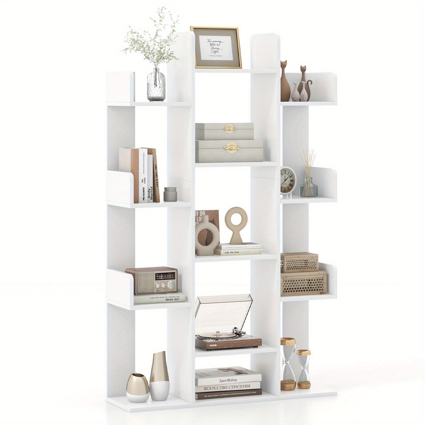 Boekenplank – Boekenkast – Wandplank – Boekenrek – Wandrek – Boomvormig Design – 13 Open Vakken – Wit Hout – Inclusief Anti-Kantel Beugels – 86x24x141 cm