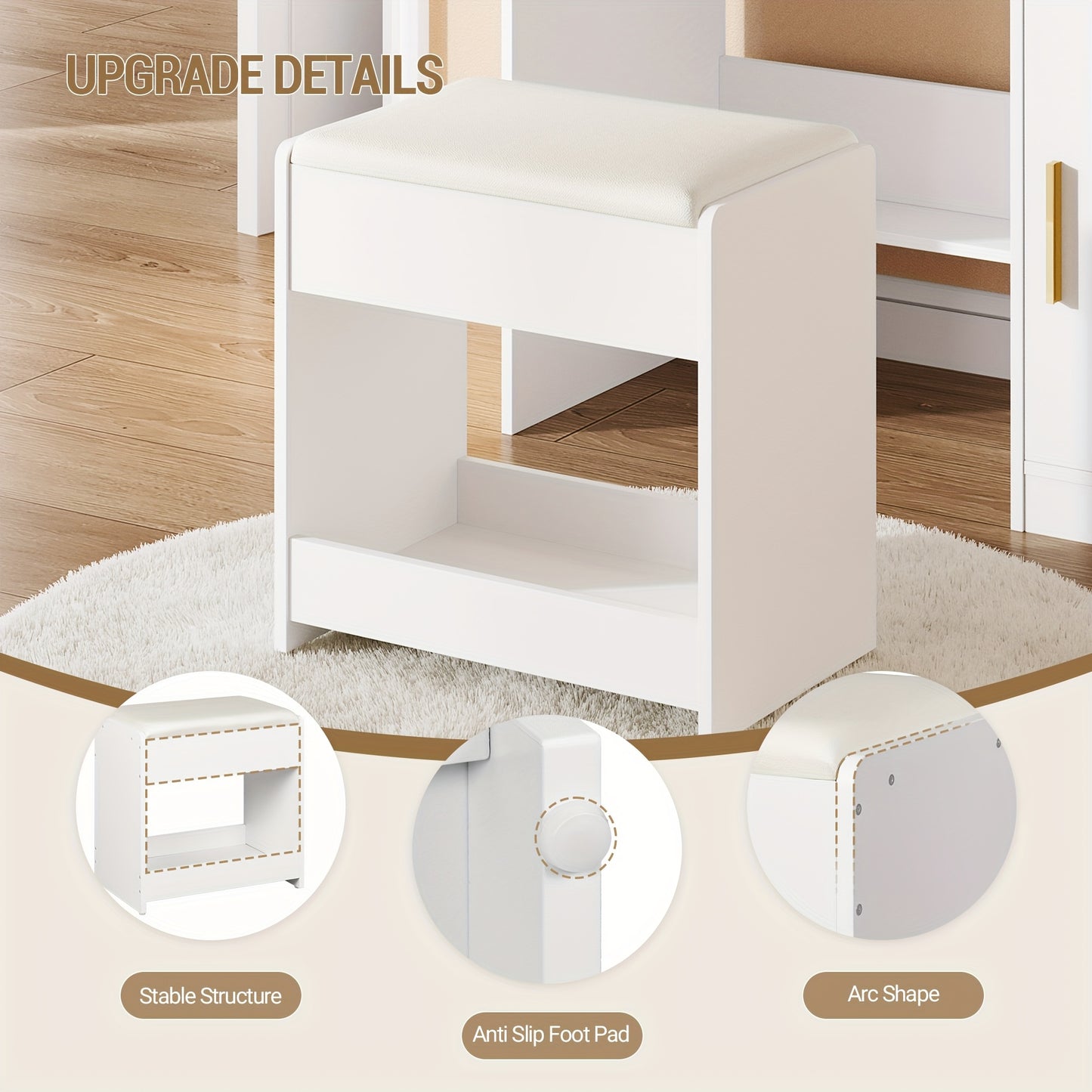 Dressing Table with Stool, with Mirror And 10 LED Lights, Adjustable Brightness, Dressing Table with 2 Drawers & 1 Cabinet, White