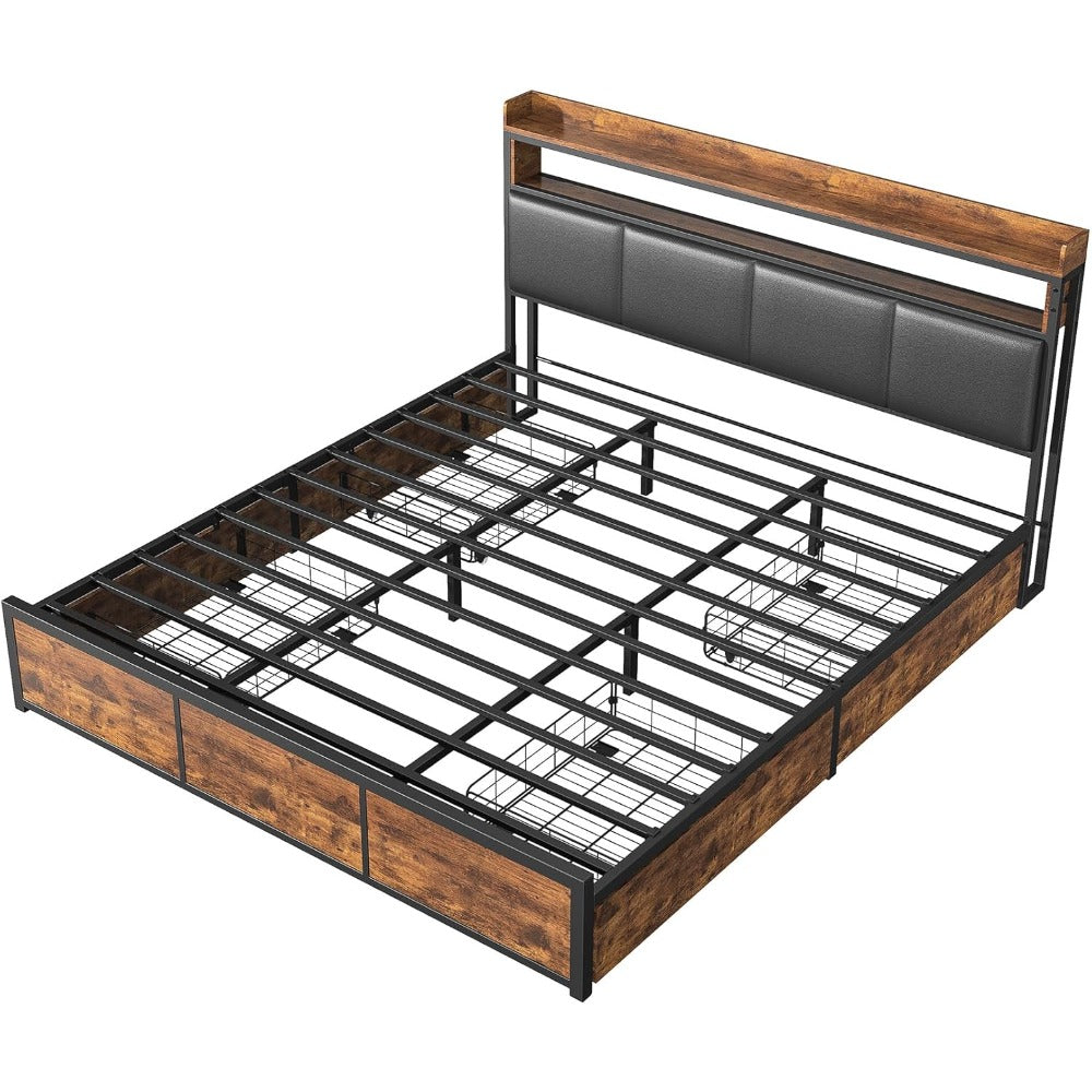 Queen Size Bed – Tweepersoonsbed – Led Bed – Kunstleer Bed – Opbergladens Bed – 180x200 Cm – Verstelbare Hoofdbord – Ingebouwde USB & LED-Verlichting