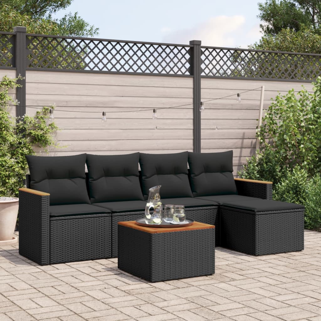 Loungeset – Tuinmeubelen – Loungesofa – Buitenmeubilair – Bistroset – 6-Delige Set – Poly Rattan Zwart – Afneembare Wasbare Kussens – Ingebouwde Opbergruimte