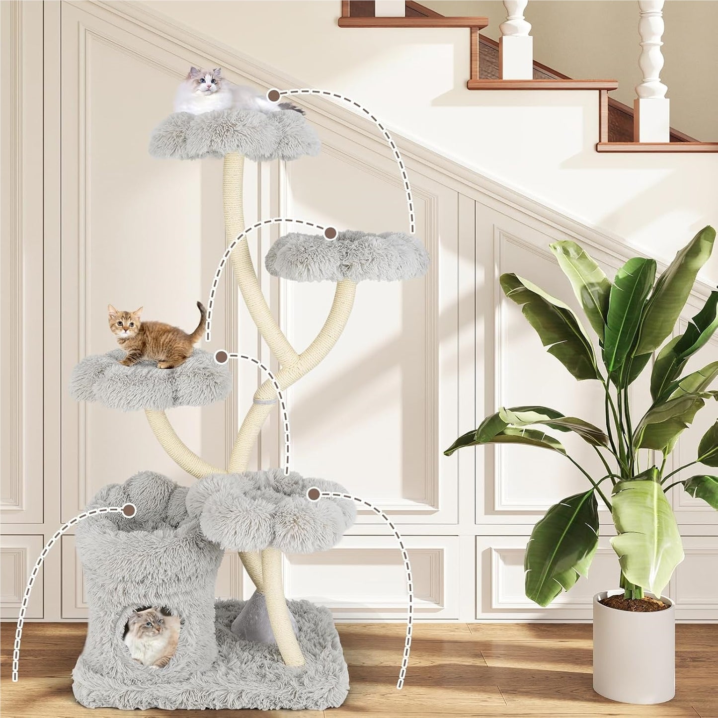 Krabpaal – Kattentoren – Krabmeubel – Kattenboom – Klimpaal – 165 cm Hoog – Stabiel Metalen Frame – Wit Design