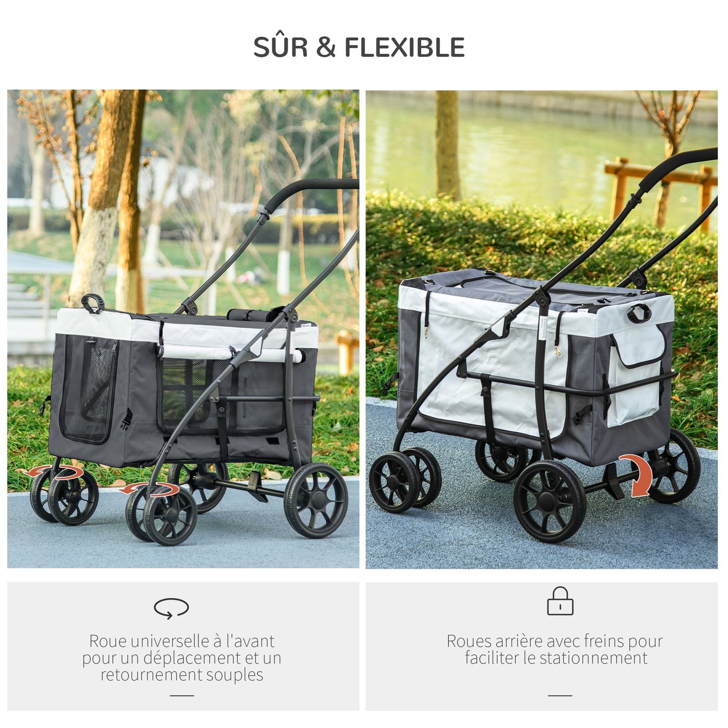 Dierenwagen – Hondenwagen – Kattenwagen – Huisdierwagen – Draagbare Mand – Stevige Stalen Frame – Ademend Gaas Met Veiligheidsharnassen – Grijs 81x58x97,5 cm