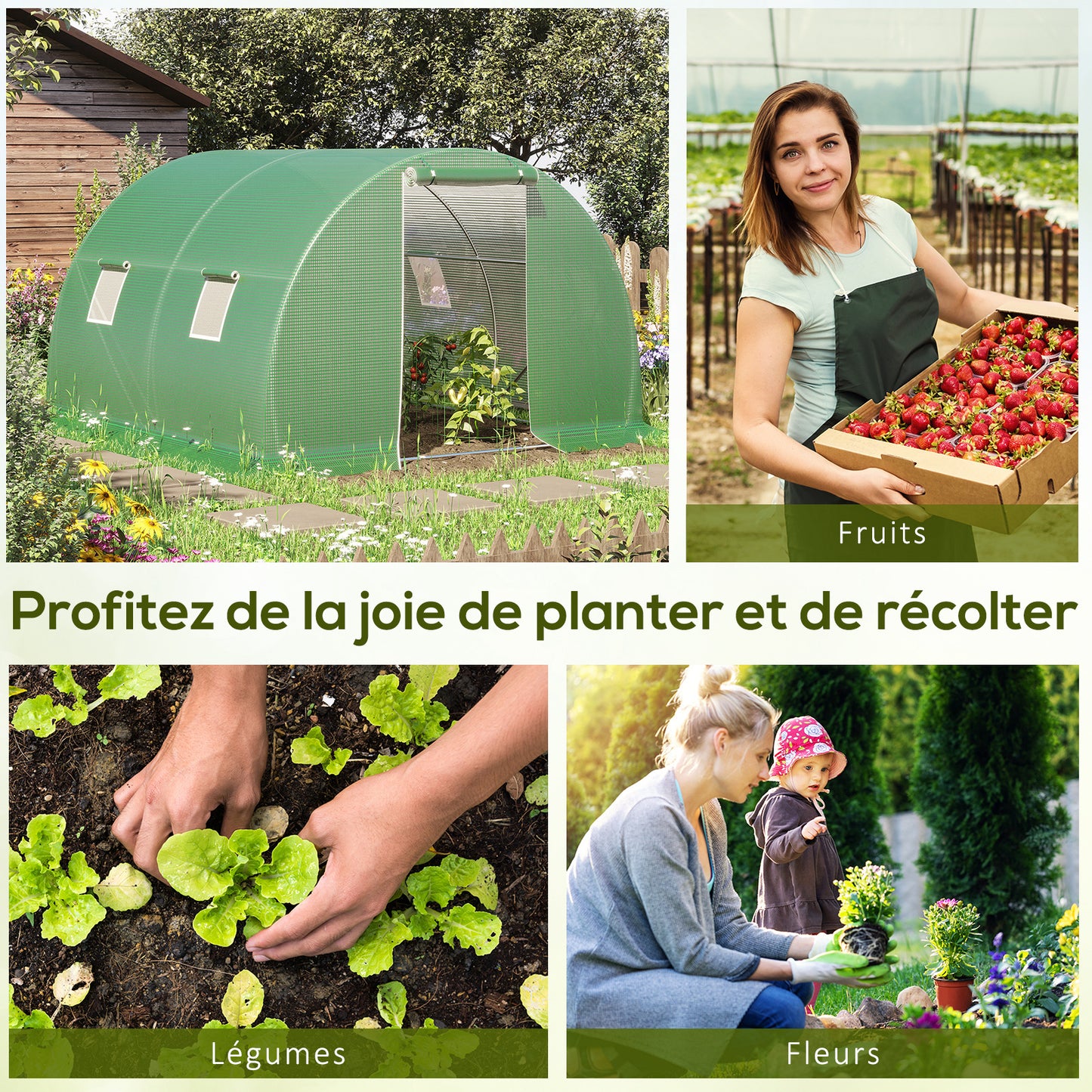 Outsunny Garden Greenhouse Tunnel 9 m² dim. 3L x 3l x 2H m - 4 windows, Roll-up Zippered Door - Tubular Chassis Galvanized Steel, High Density PE Cover Green, Protects Plants From Cold Rain Insects Birds, Ideal For Flowers V