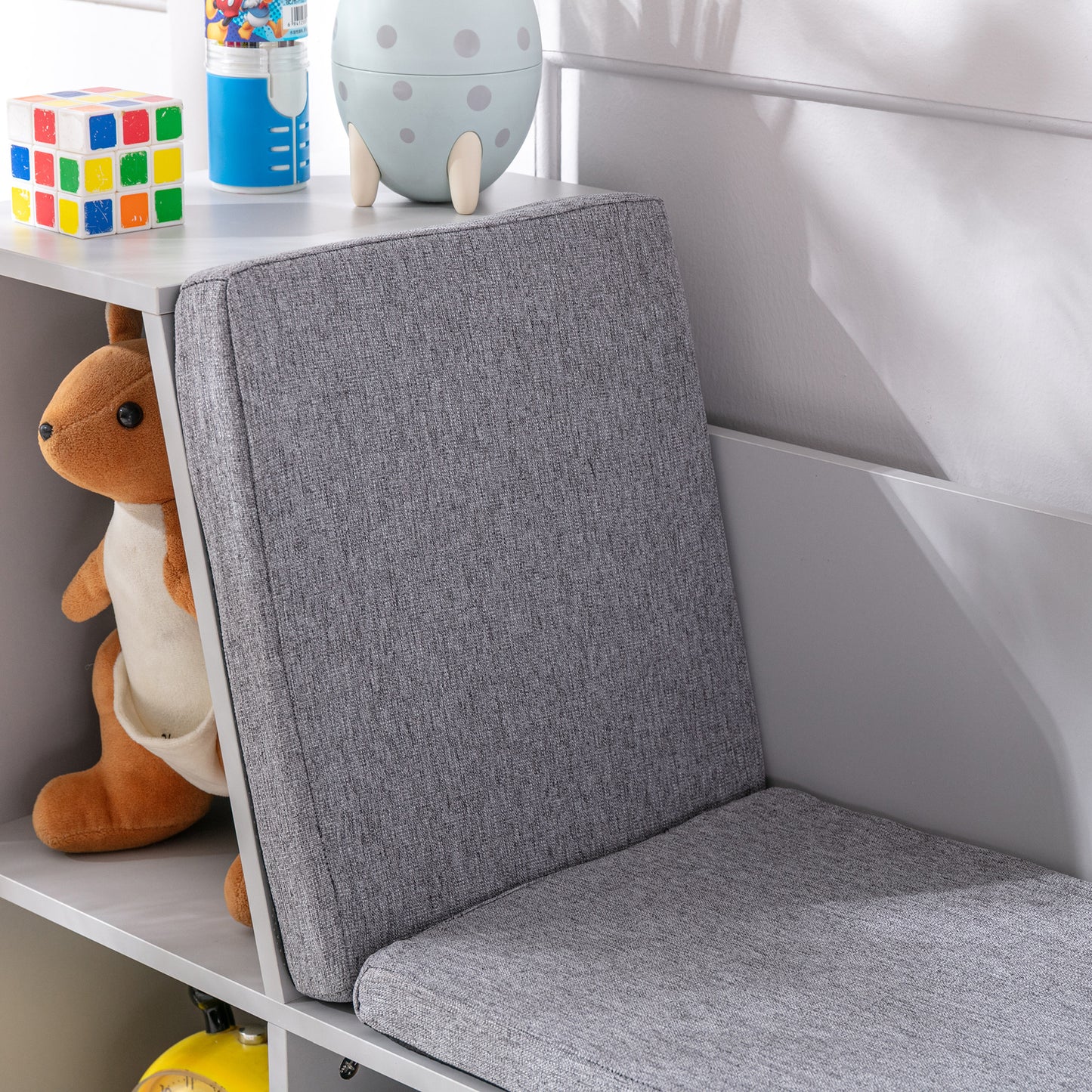 Kinderplank – Opbergrek – Zitbank – Opbergmeubel – Kinderzitje – 2-in-1 Kinderplank Grijs – Ruime Opbergruimte – Comfortabele Bekleding