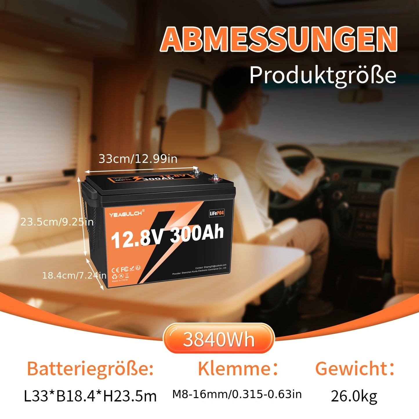 12V 300Ah LiFePO4 Accu – Lithium Accu – Camper Accu – Boot Accu – Zonne-energie Accu – 10000+ Cyclus Levensduur – Ingebouwde BMS Veiligheid