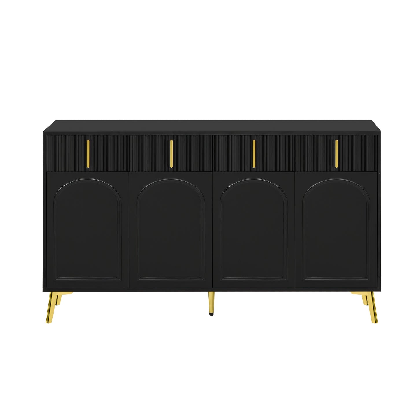 Dressoir – Opbergkast – Ladekast – Commode – TV-meubel – Mat Zwart Met Gouden Accenten – 4 Deuren En 4 Laden – Hardhout Met Afneembaar Laminaat – 140 cm Breed