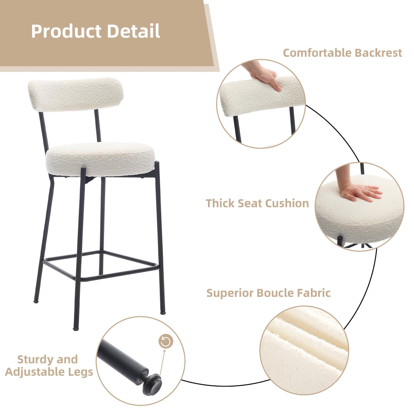 Set of 2 - Heavy-Duty Commercial/Residential Bar Stools with Backrest & Footrest, Modern Counter Height Chairs - No Assembly Needed, Sturdy Metal Legs & Boucle Upholstery - for Kitchen Island, Dining Room, Home Bar - Easy-Cle