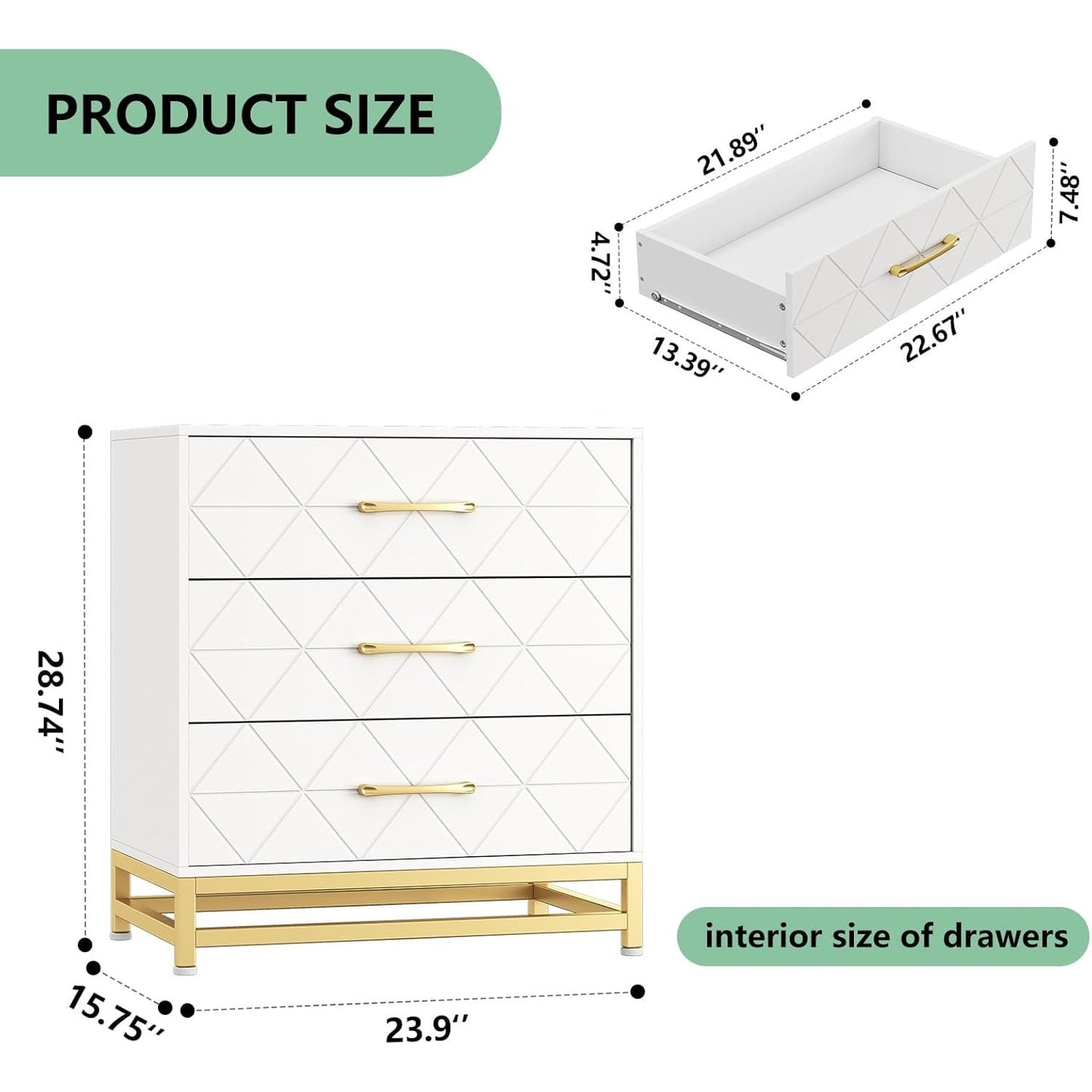 Ladekast – Dresser – Commode – Opbergkast – Nachtkastje – Wit & Gouden Metaal – 3 Ruime Lades – 68,58 cm Hoog – Duurzame Stalen Constructie