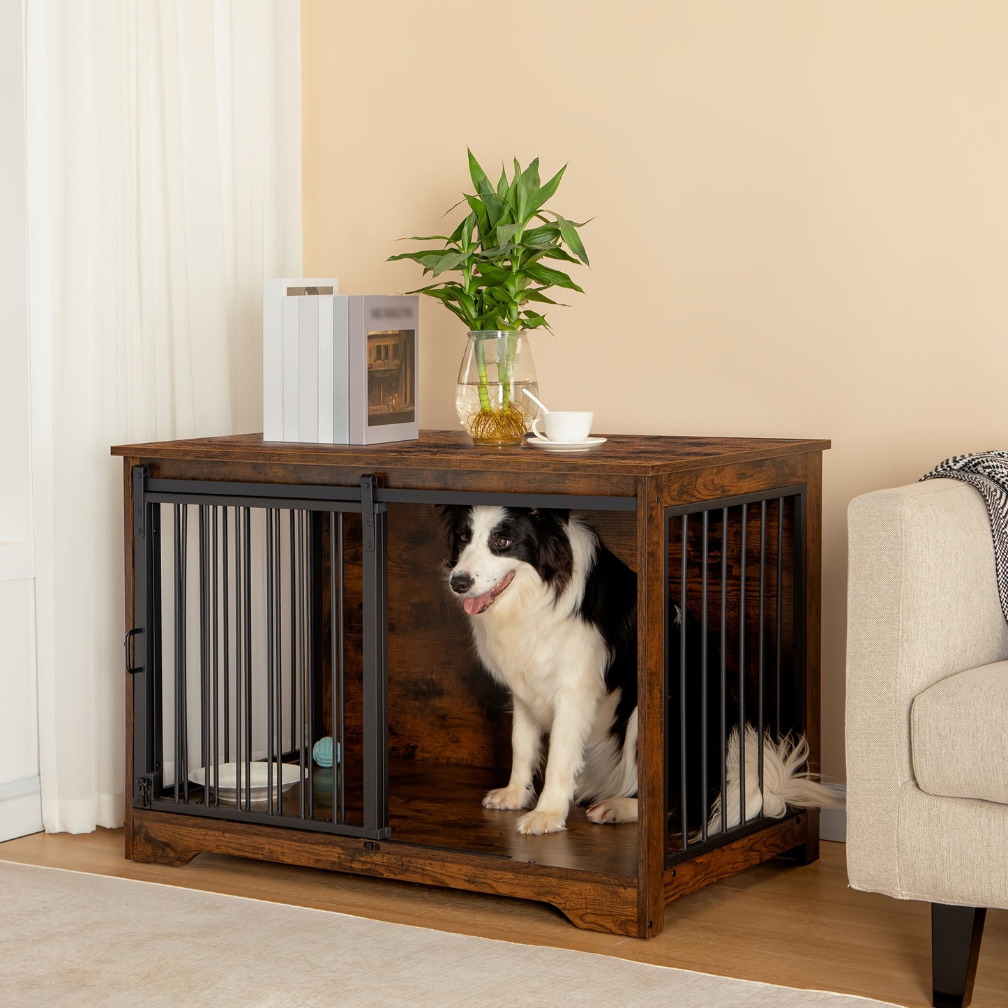 Houten Hondenbench – Hondenkooi – Huisdier Bench – Hondenhok – Hondenverblijf – Retro Bruin – 2-Deurs Met Schuifdeur – Slagvast & Uitbraakveilig – 60x100x68 cm – Duurzaam Gerecycled Hout & Staal