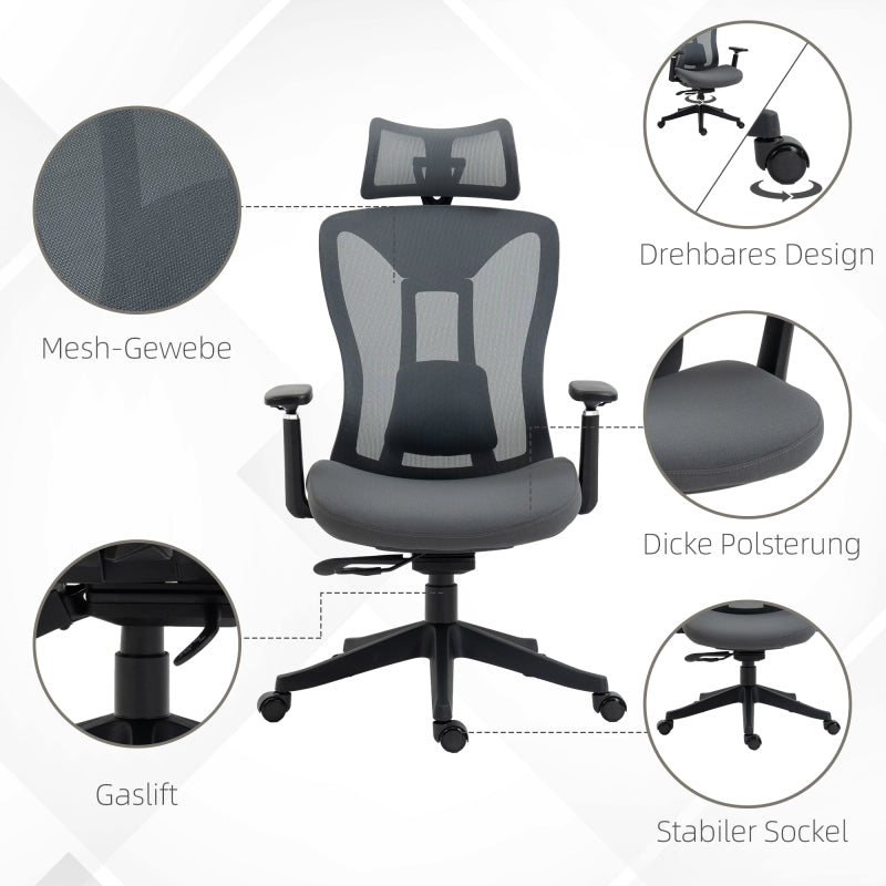 Ergonomische Bureaustoel – Kantoorstoel – Werkstoel – Deskchair – Bureaustoel Verstelbaar – Kantelfunctie 135° – Verstelbare Armleuningen – Ademend Mesh Grijs
