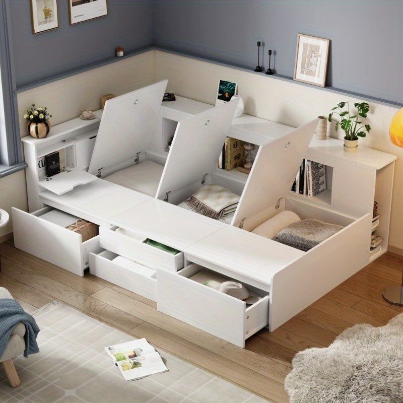 Bedframe – Eenpersoonsbed – Opbergbed – Slaapbank – Ledikant – Met Laden, Boekenplank en Kastje – Stevig Niet-Houten Materiaal, Eenvoudige Montage – Wit Modern Compact Design