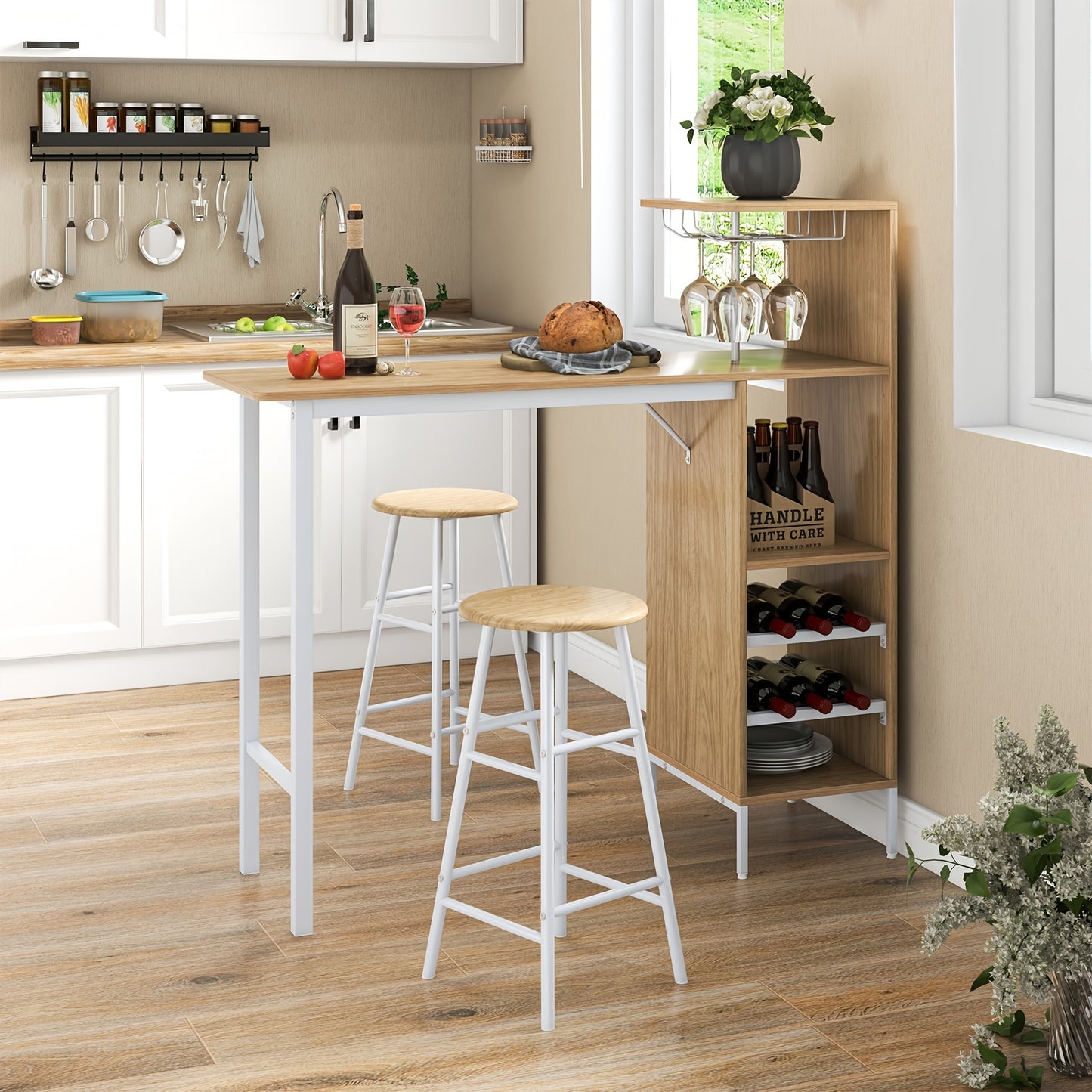 Barset – Bartafel – Barkrukken – Bistroset – Industrieel – 3-delig – MDF Met Metaal – Inclusief Wijnrek Voor 6 Flessen - Natuurlijk Hout