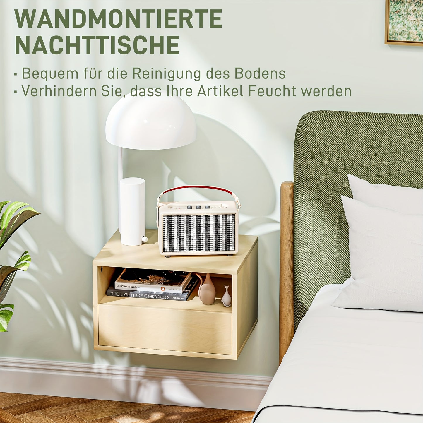 Nachtkastje – Zwevend Nachtkastje – Wandkastje – Bijzettafel – Opbergkast – Set van 2 – Natuurlijk Hout – 45x35x27,5 cm – Met Lade en Open Plank