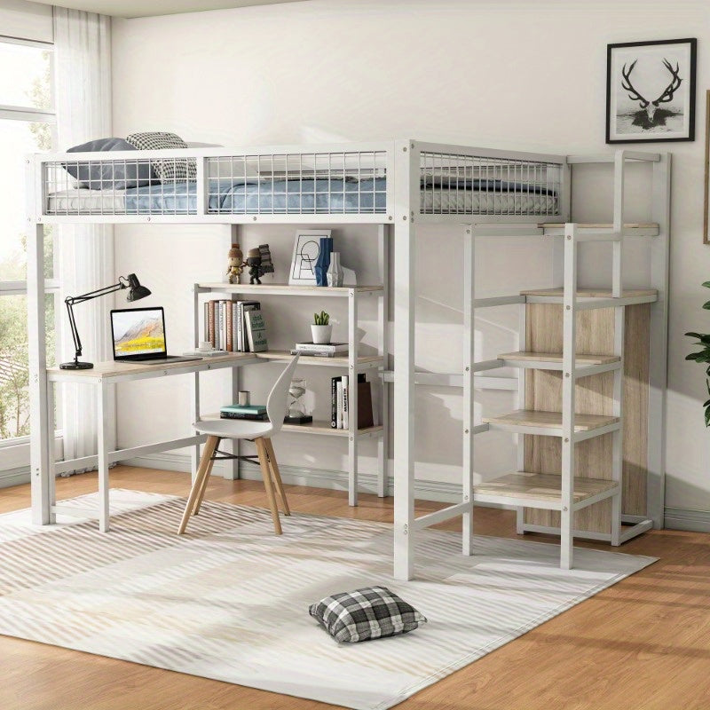 Metalen Halfhoogslaper – Hoogslaper Met Bureau – Bed Met Opbergruimte – Slaapbank – Kinderbed – Stevige Constructie – 140x200 cm