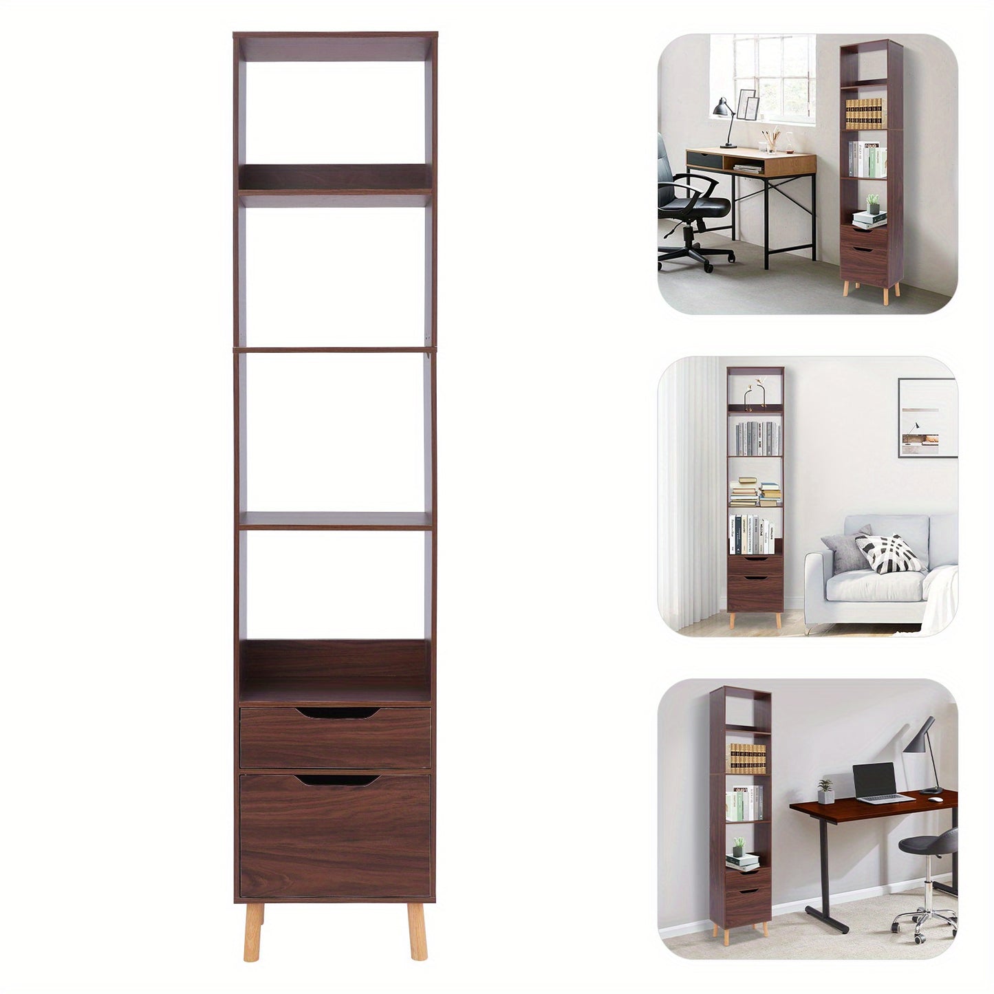 Boekenkast – Boekrek – Opbergrek – Boekenplank – Wandkast – Walnootkleur – Hoogte 180 cm – Massief Hout