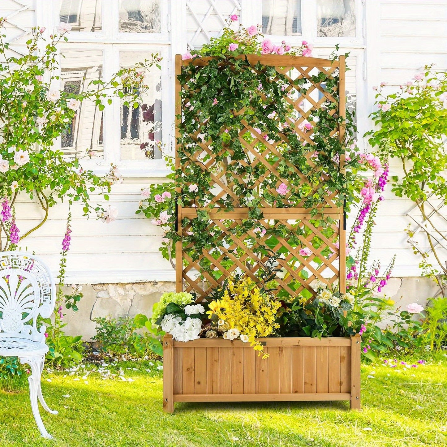 Verhoogde Plantenbak – Bloembak – Kruidenbak – Tuinbak – Plantenbak Met Klimrek – Oranje – Natuurlijk Vurenhout – Met Drainagegaten – 180,5 cm Hoog