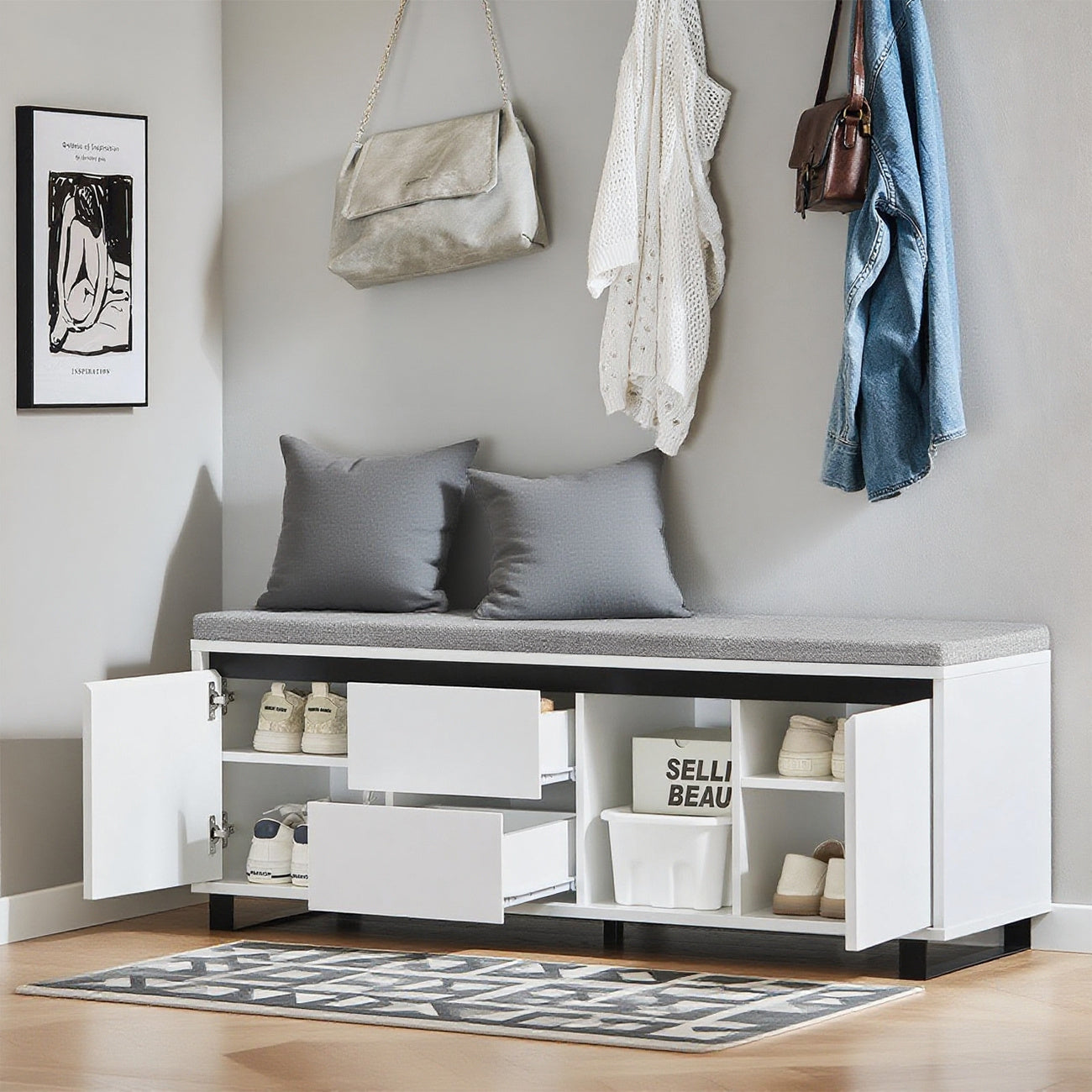 Schoenenkast – Schoenenrek – Schoenenbank – Opbergkast – Entreebank – Met Zitvlak En Lades – Compact Wit MDF – 110x35x42 cm
