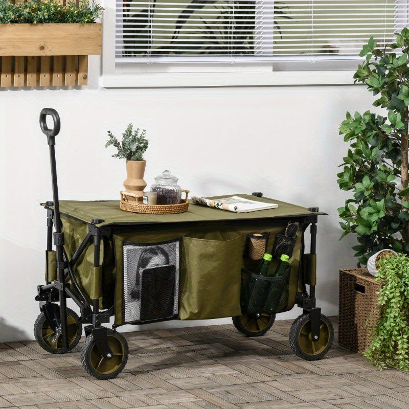 Bolderkar – Bolderwagen – Trekkar – Opvouwbare Transportkar – Strandkar – Opvouwbaar – Afneembare Kap – Verstelbare Handgreep – Kantelbaar Laadvlak – Stevig Stalen Frame – Grote All-Terrain Wielen – Groen 106,7x54,9x93 cm