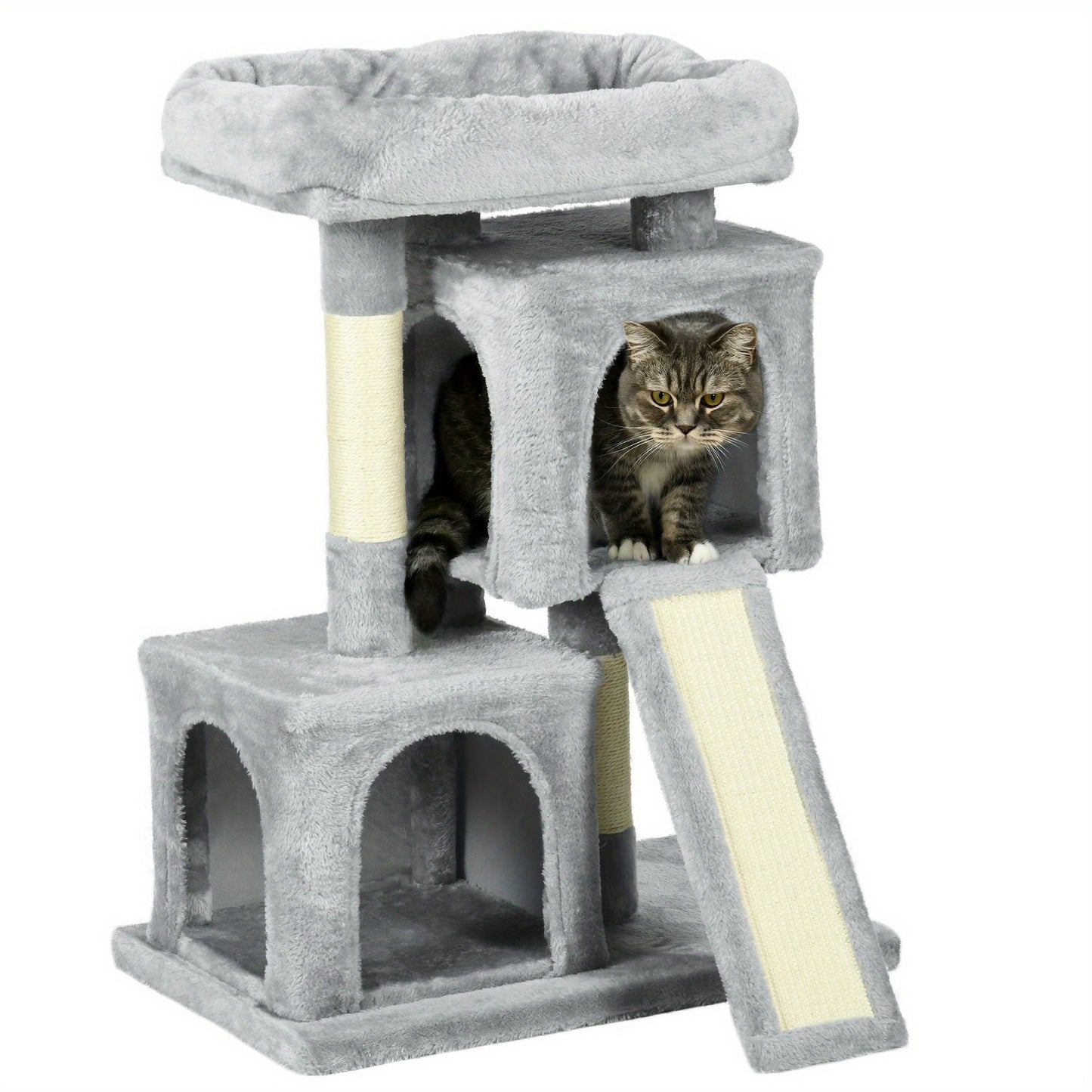 Kattenklimton – Kattenboom – Krabpaal – Klimmeubel – Kattenhuis – Lichtgrijs – Sisal Krabpalen – Stevige Constructie Tot 30 kg