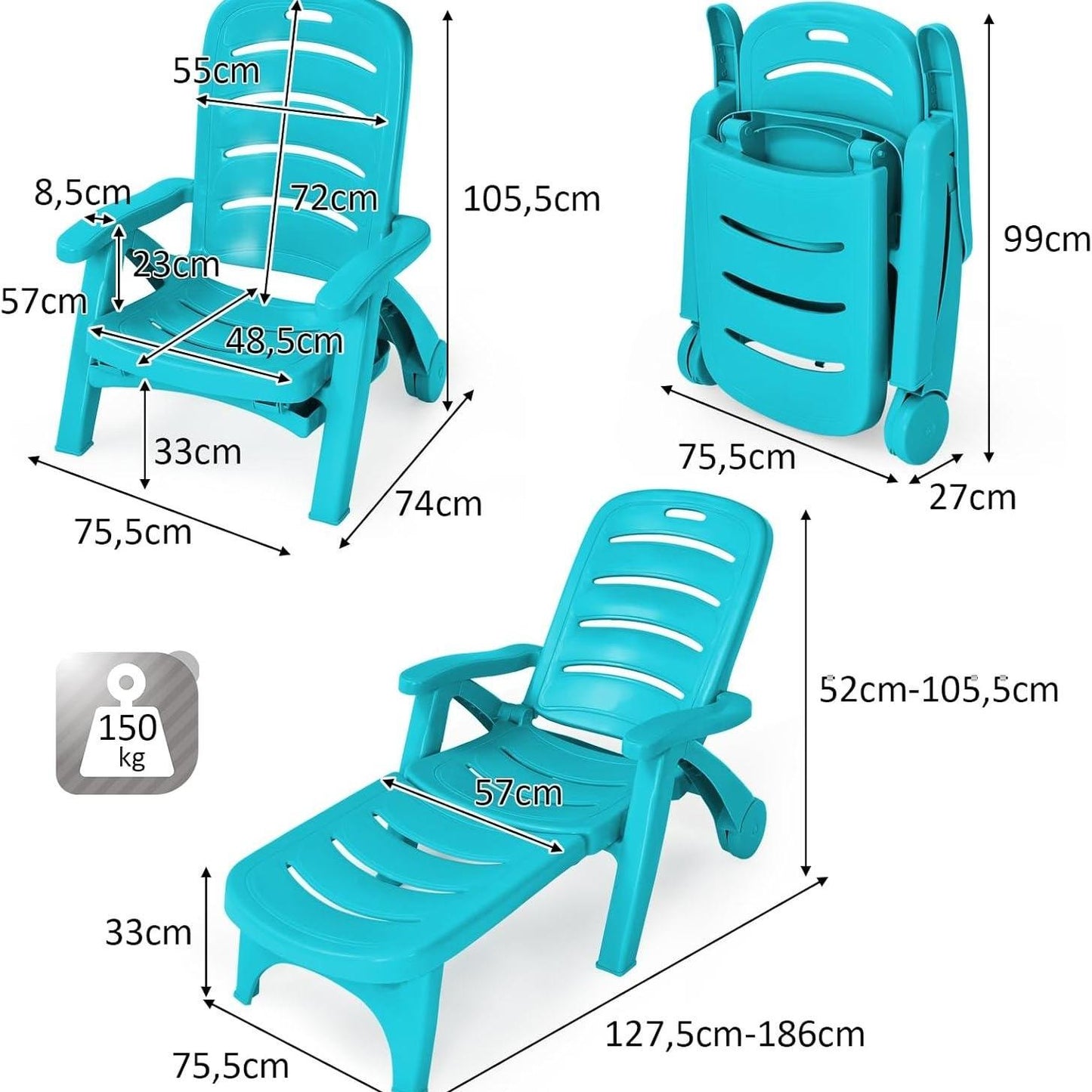 Verstelbare Zonneterrasstoel – Ligstoel – Tuinstoel – Strandstoel – Inklapbare Stoel – 5-Standen Rugleuning – Weerbestendig PP-Materiaal – Turquoise