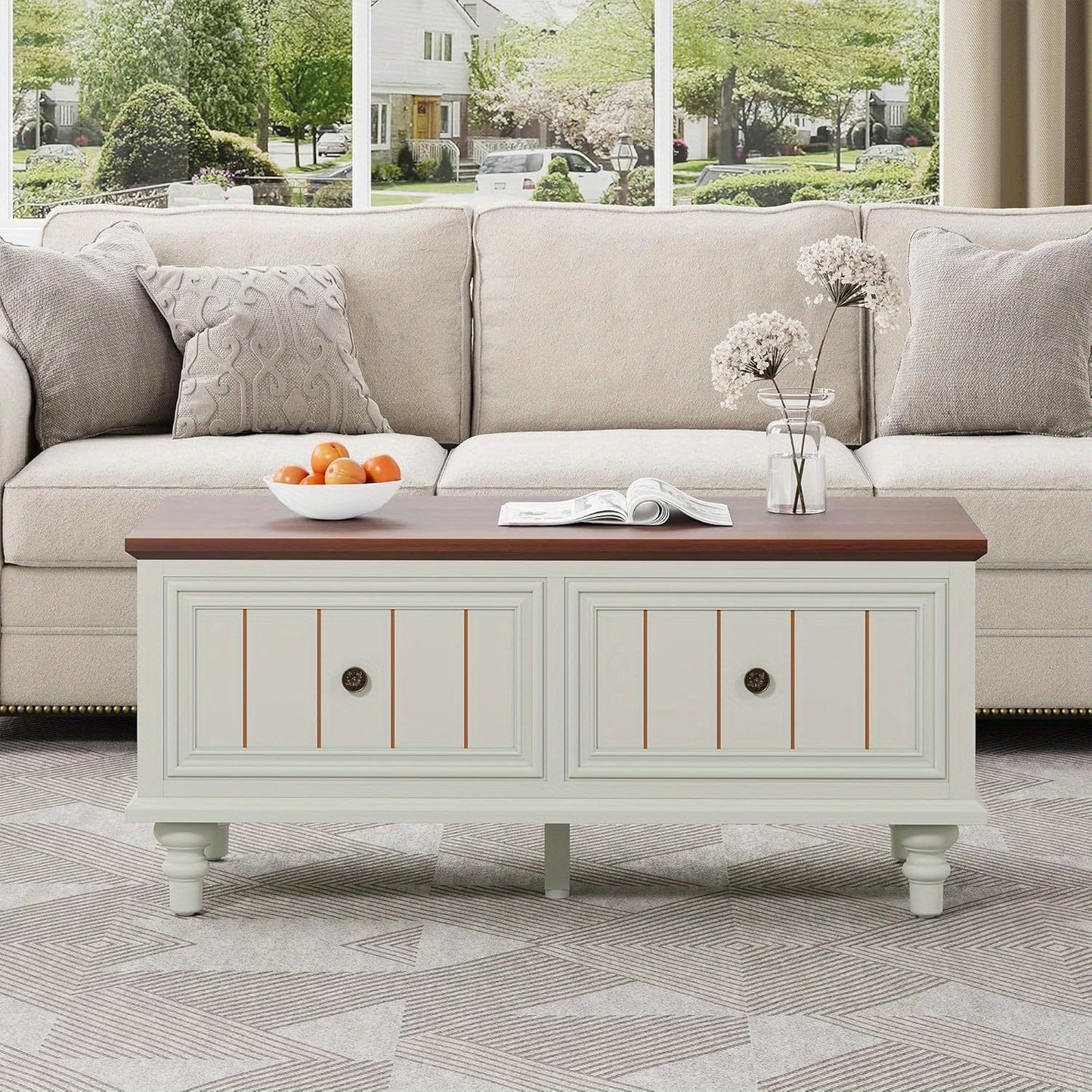 Salontafel – Koffietafel – Bijzettafel – Woonkamertafel – Eettafel – Verstelbaar Tafelblad – Verborgen Opbergruimte – MDF & Hout – Vintage Beige