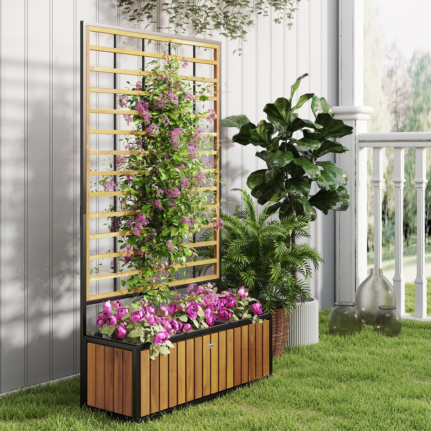 Verhoogde Plantenbak – Tuinbak – Bloembak – Plantenbak Met Klimrek – Balkonbak – Acaciahout En Staal – Drie Plantenvakken Met Drainage – Verstelbare Voeten 74x27x131 cm Teak