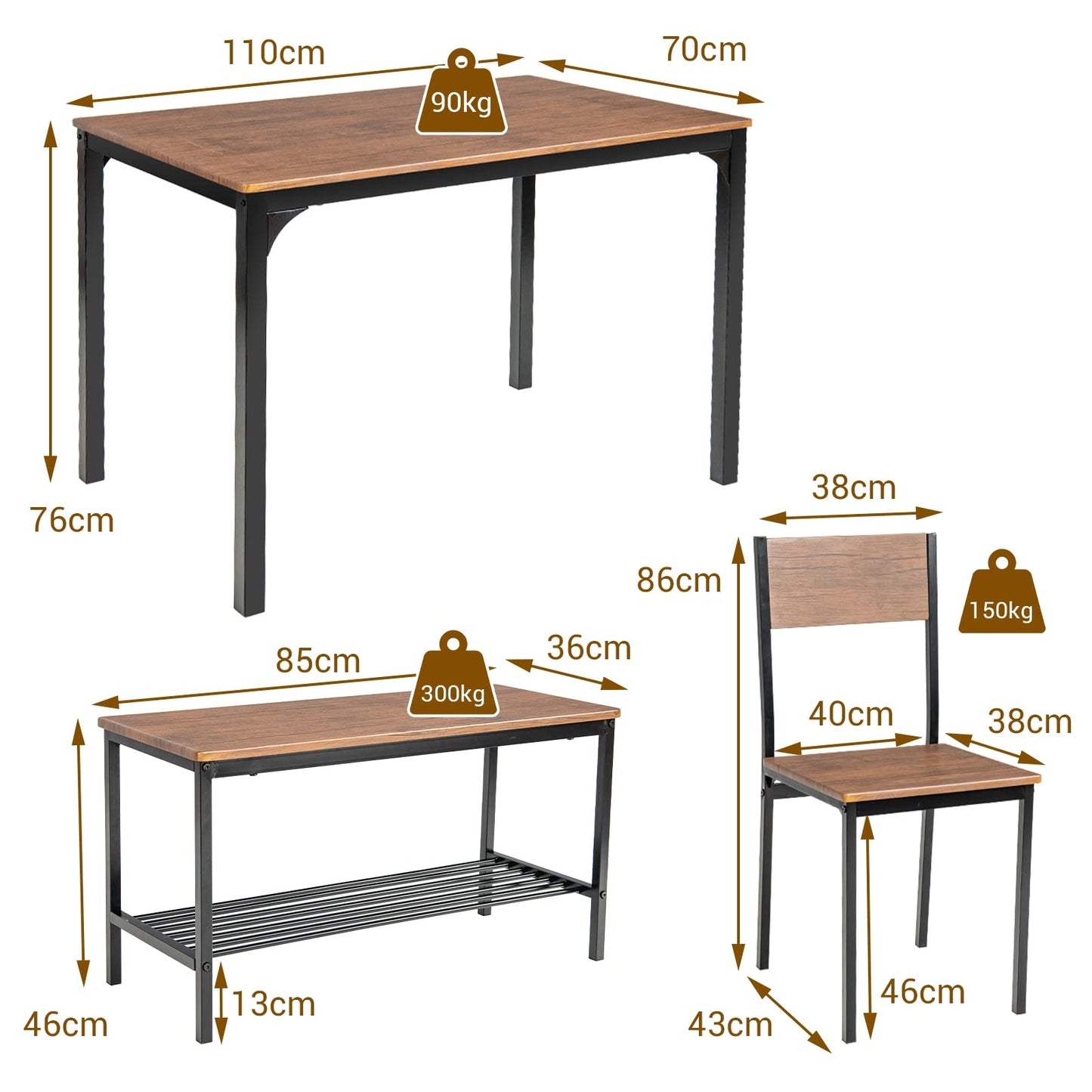 Eettafel Set 4-delig – Keukentafel – Stoelenset – Eetkamertafel – Industrieel Tafeldesign – Metaal Frame – Grote Bank Met Opbergruimte – Bruin