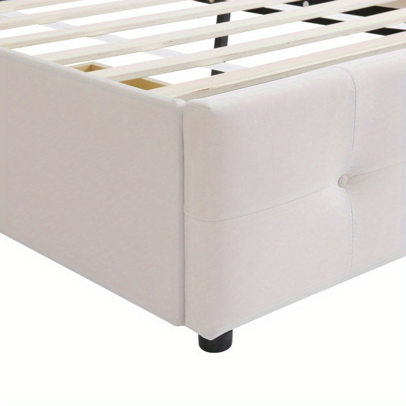 Bedbank – Slaapbank – Logeerbed – Eenpersoonsbed – Bed – Lichtbeige Gestoffeerd – Lattenbodem – 2 Grote Opberglades