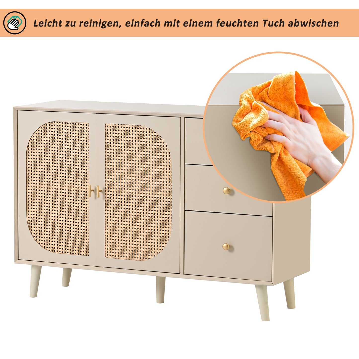 BTM Sideboard Storage Cabinet 120X40X82.5Cm, Off-White Cream with Rattan Fronts, 2 Doors & 3 Drawers, Wood Look, Modern Design for Living Room & Dining Room