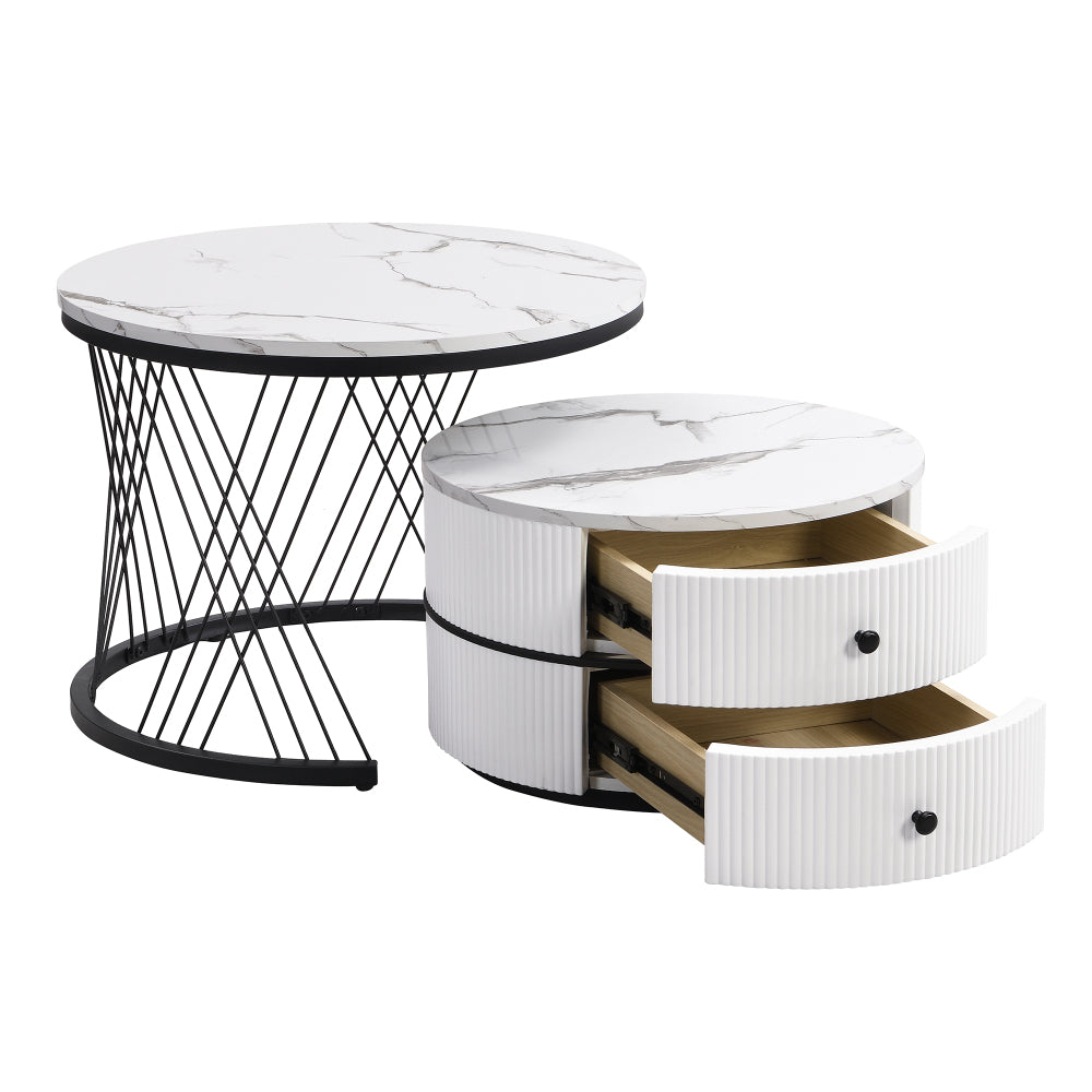 Salontafel – Koffietafel – Bijzettafel – Nesting Tafel – Opbergtafel – Nestbare Set Met Twee Lades – Metalen Frame – Rond Tafelblad – Moderne Design – Ruimtebesparend