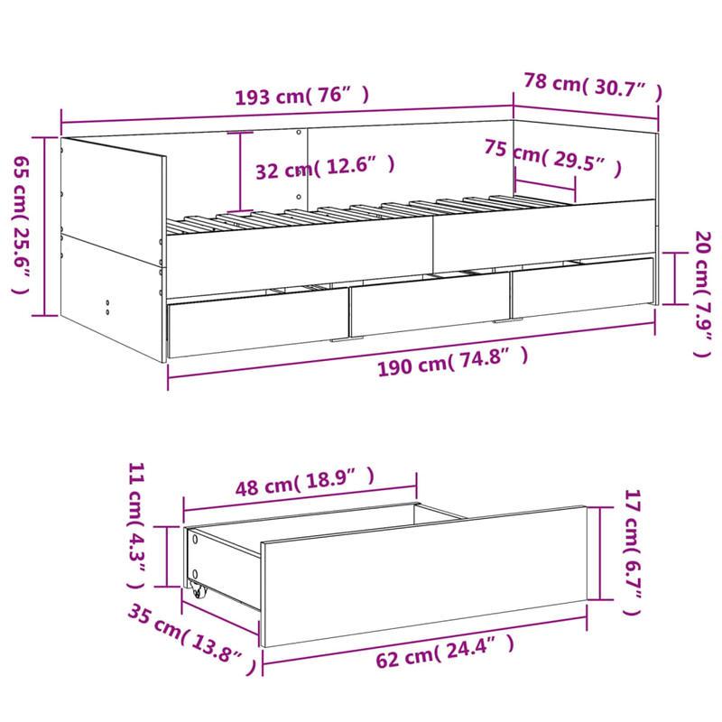 Bedbank – Daybed – Slaapbank – Logeerbed – Sofa – Sonoma Eiken – 75x190 cm – Met Opberglades