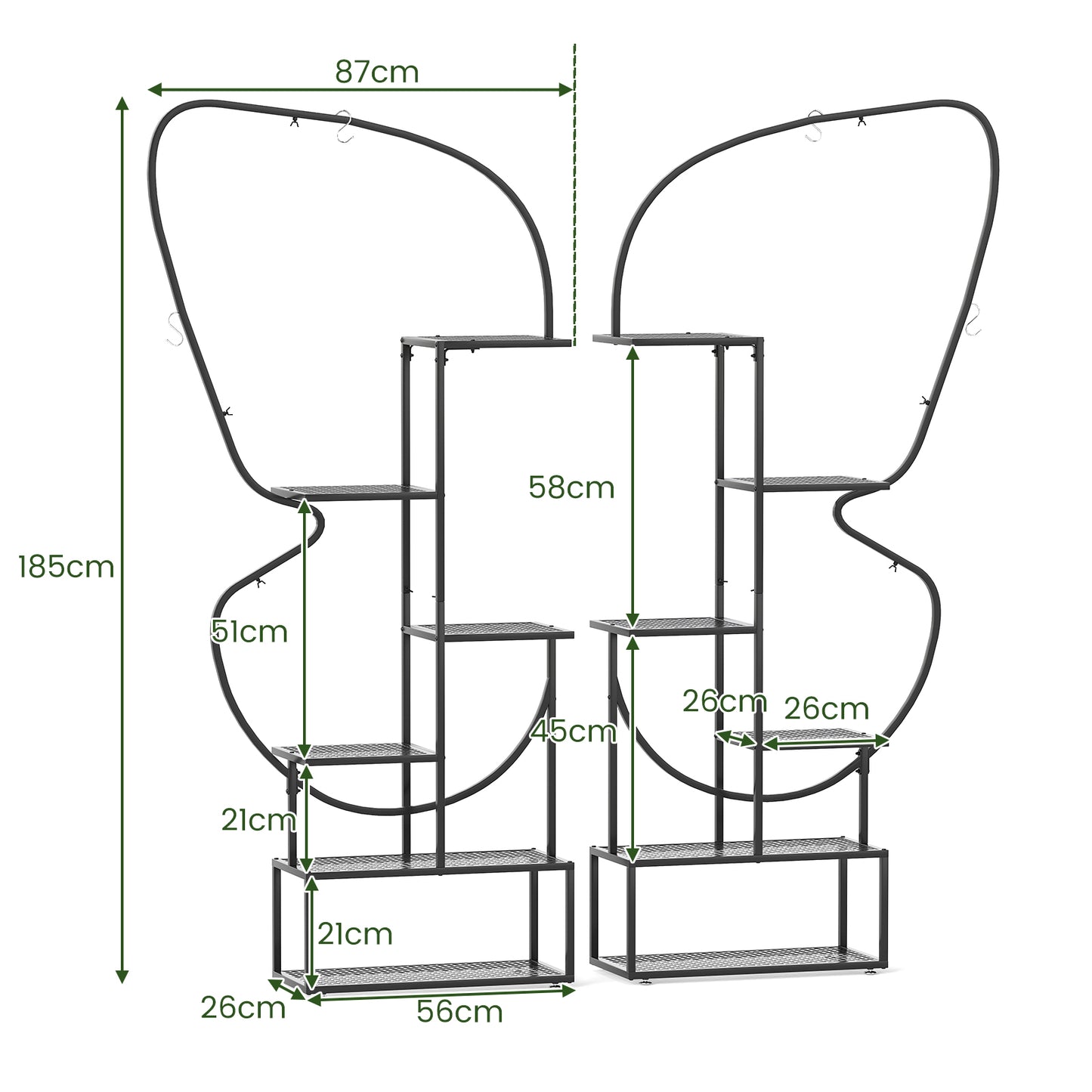 Plantenstandaard – Plantenrek – Bloemenrek – Plantenhouder – Plantenmeubel – Set Van 2 Zwarte 6-Laagse Standaards – 185 cm Hoog – 12 Metalen Roosterplanken Met 4 Haken