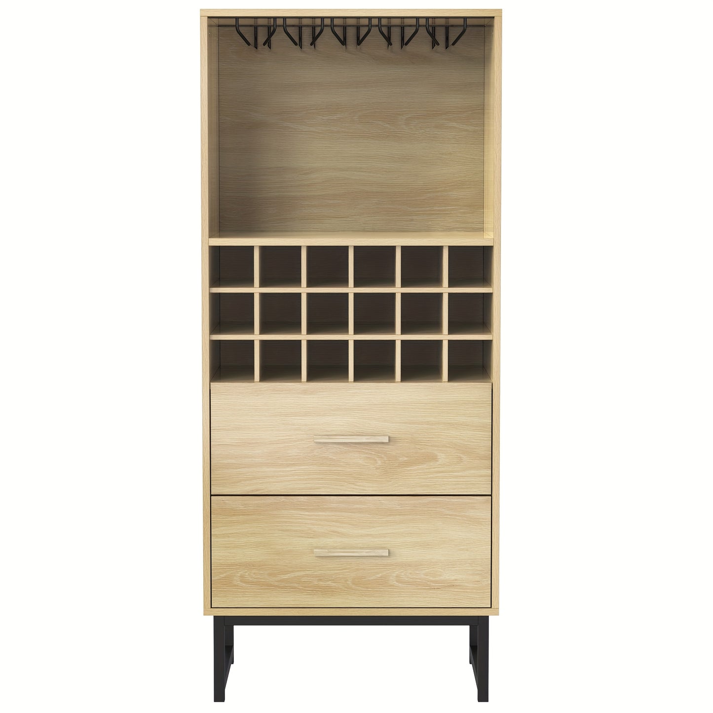 Wijnrek – Wijnkast – Flessenrek – Wijnopslag – Wijnfleshouder – Beige Houten Design – 18 Vakken Met 2 Lades – Matte Zwarte Metalen Pootjes