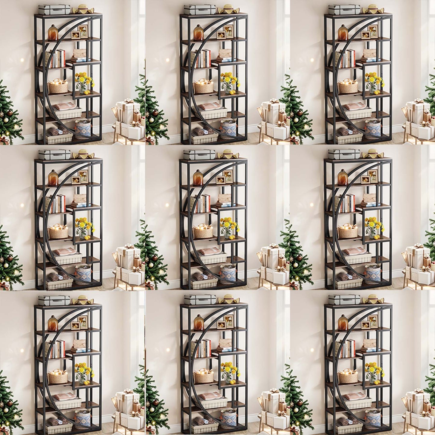 Industriële Boekenkast – Boekenplank – Wandrek – Opbergkast – Displaykast – 179,8 cm Hoog – Zwart Metalen Frame & Bruine Houten Planken – Stevige 6-Lagen Opslag