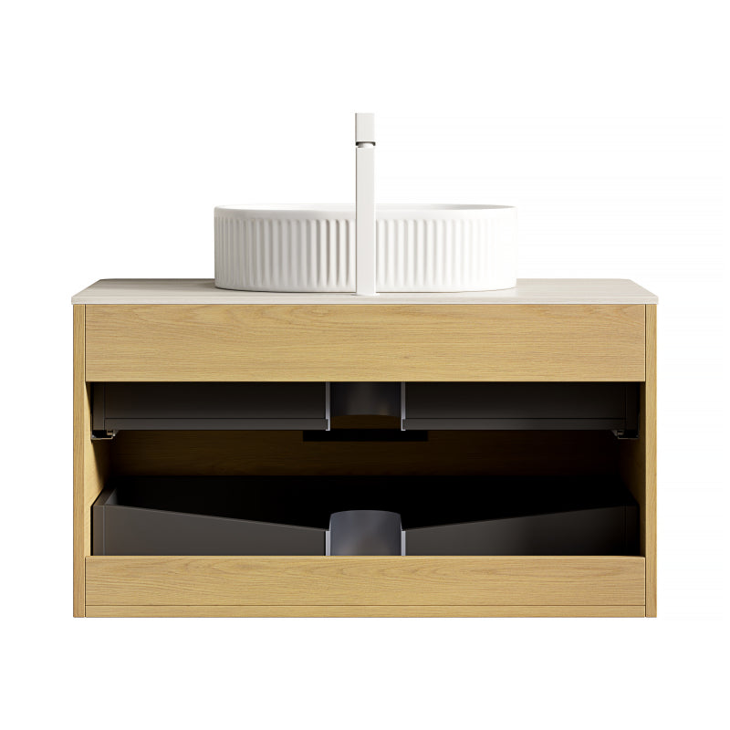 Badmeubel – Badkamermeubel – Wastafelmeubel – Onderbouwkast – Wastafel – 90 cm – Travertijn Sintered Stone Blad – Zwevend Multiplex Met Eiken Houtnerf