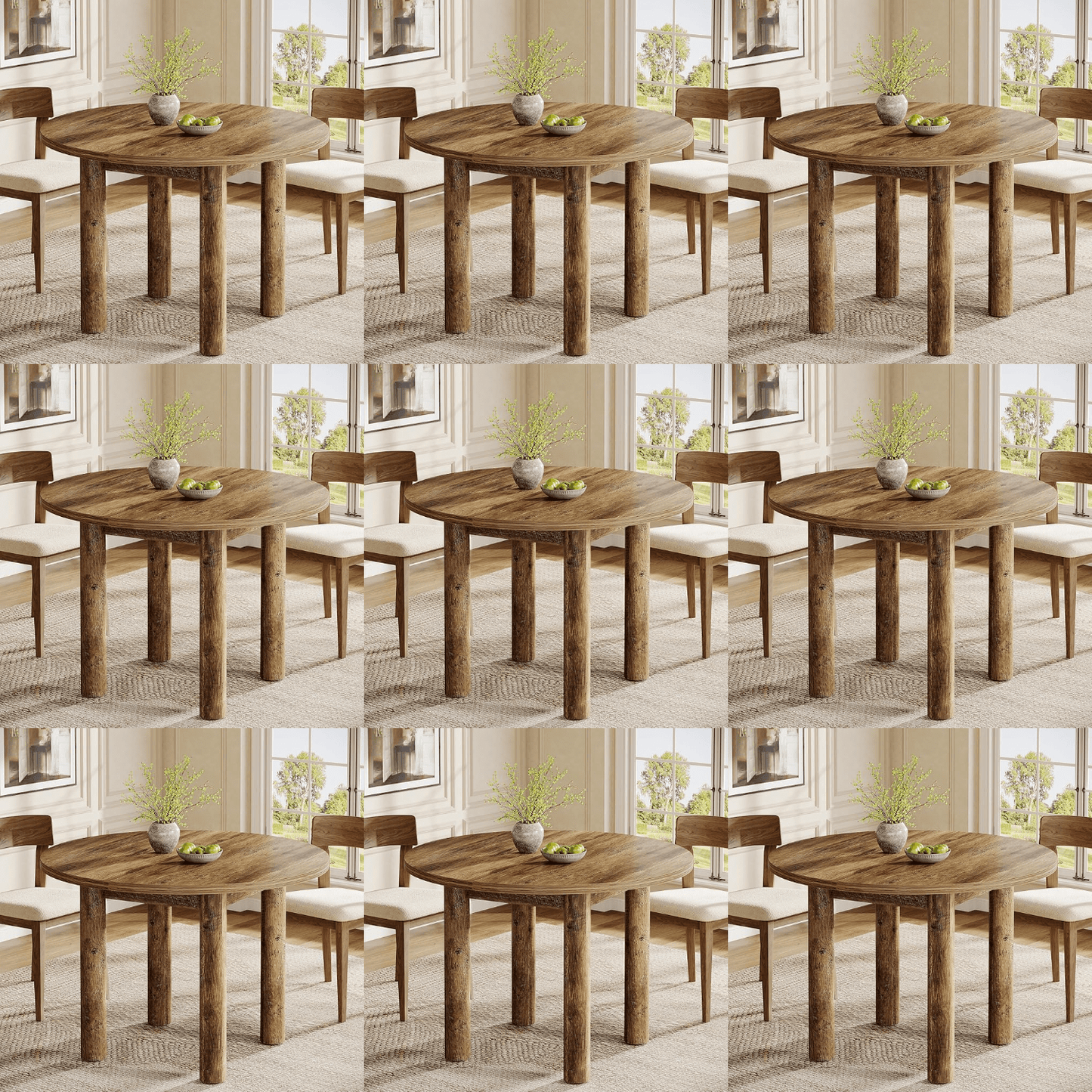 Ronde Eettafel – Eettafel Rond – Keukentafel – Tafel Voor 4 Personen – Landelijke Tafel – 99 cm Diameter – Stevig Geforceerd Hout – Bruine Houtnerfafwerking