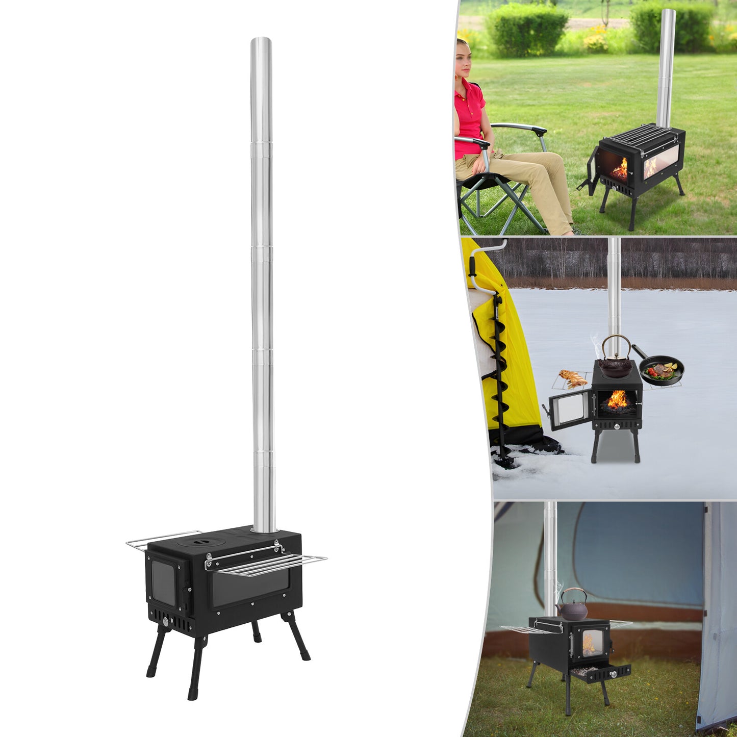 Portable Tent Stove, Featuring a 4.4-foot Chimney System and 201 Stainless Steel Wood-burning Stove, Ideal for Camping and Outdoor Cooking, Complete with Foldable Stand.