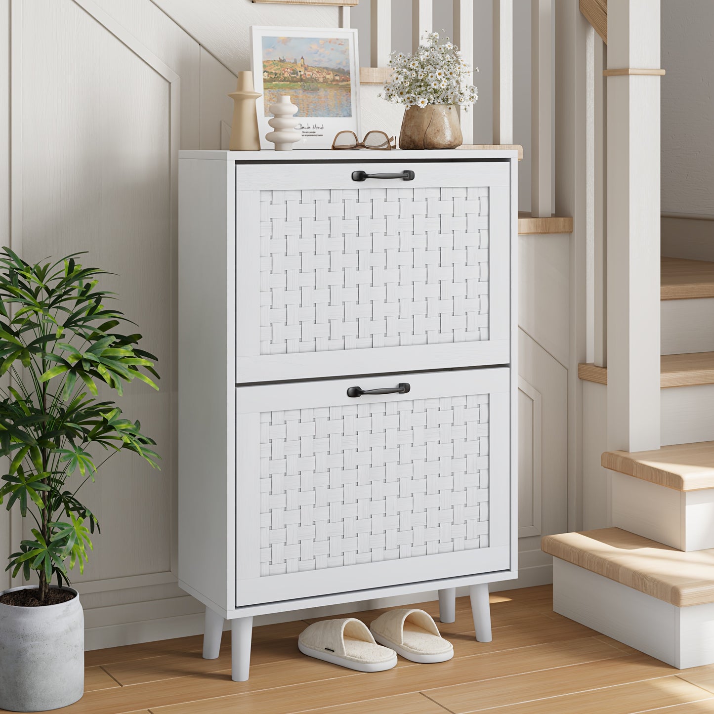 Shoe Cabinet With Handmade Rattan Drawers, Freestanding Shoe Cabinet With Solid Wood Feet, Narrow Shoe Cabinet In The Entrance And Minimalist Slim Shoe Cabinet.