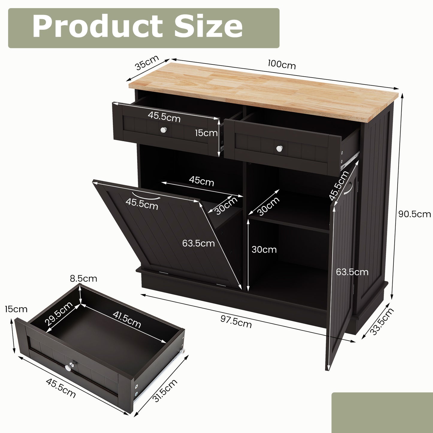 Afvalkastje Keuken – Afvalbak Kast – Afvalcontainer Kabinet – Afvalemmer Opbergruimte – Kantelbare Afvalbak 11 Gallon – MDF En Rubberwood – 2 Lades Met Verstelbare Plank
