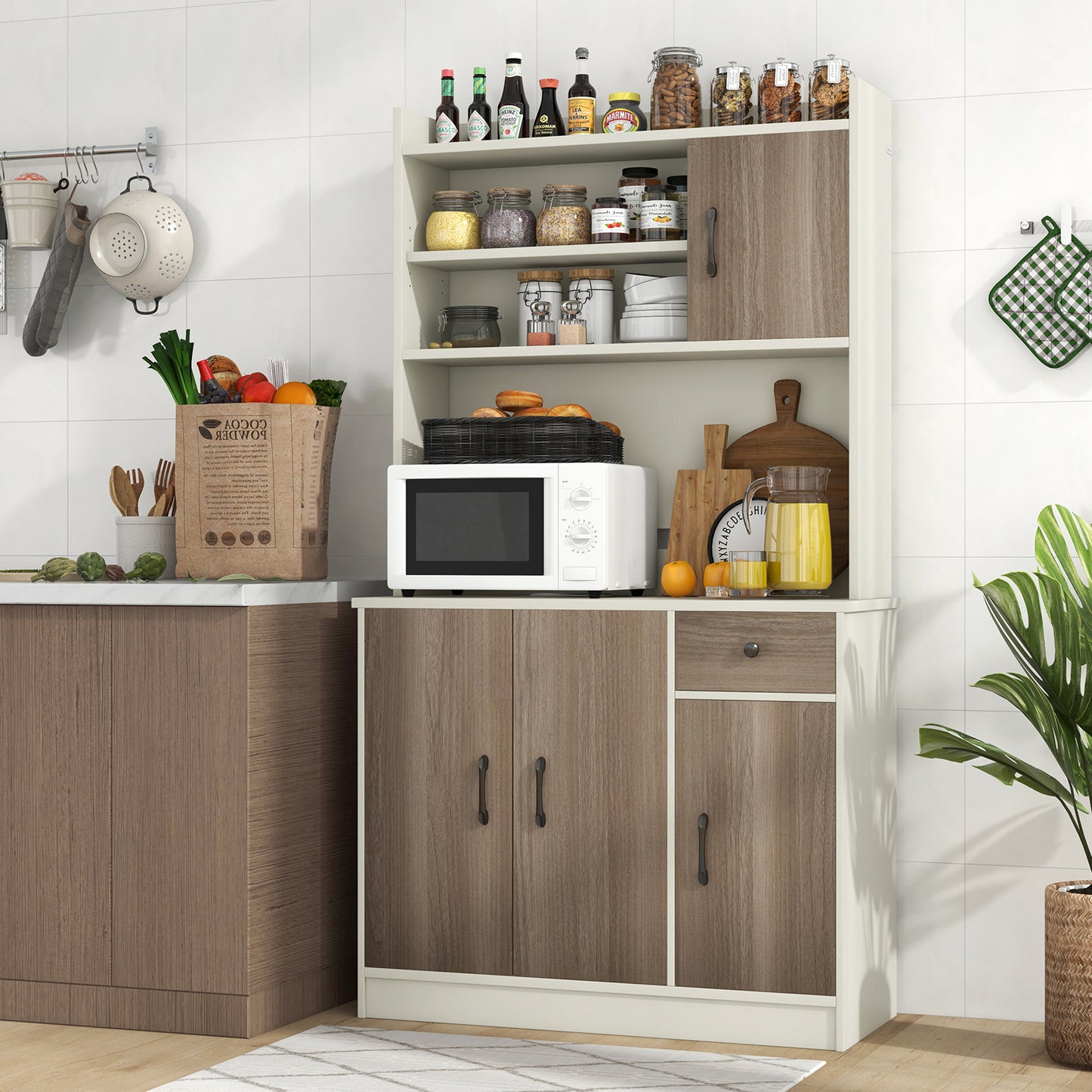 Four-Door Kitchen Buffet Storage Cabinet with Hutch, Freestanding Kitchen Pantry with Drawer, Large Open Space, Adjustable Shelves, Kitchen Pantry Cabinet, Pantry Cabinet for Kitchen, Kitchen Sideboard Cabinet, Pantry Cupboar