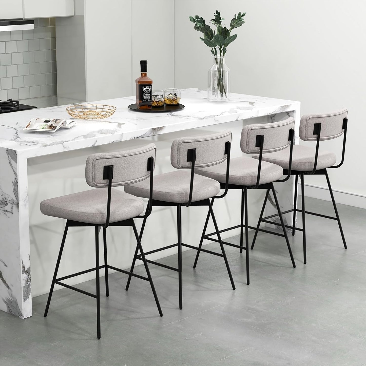 Barstoel – Barkruk – Keukenstoel – Barstoel Set – Barstoelen – Draaibaar 360° – Linnen Bekleding – Zithoogte 63,5 cm